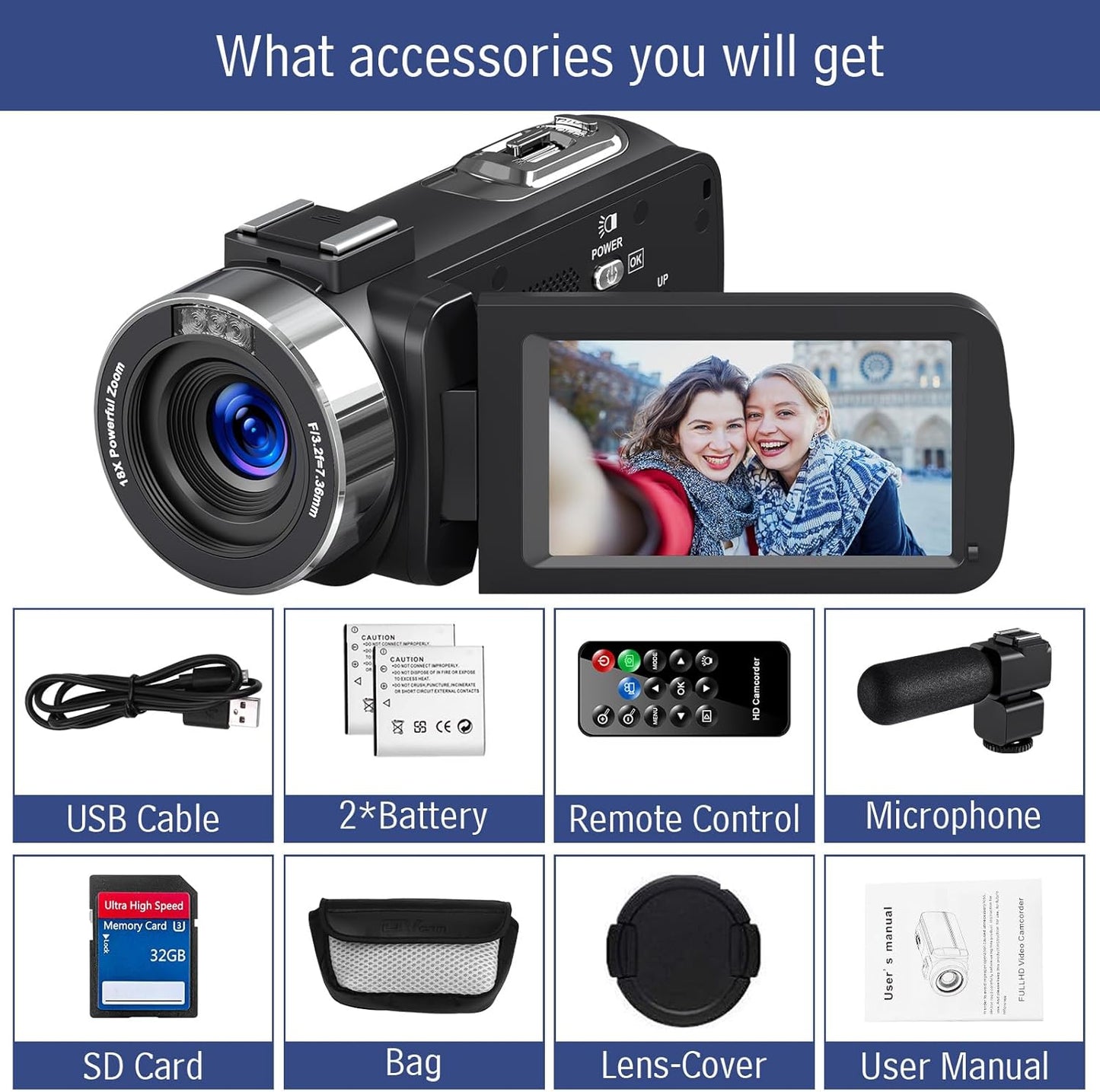 6K Camcorder Video Camera HD 64MP IR Night Vision Vlogging Camera for YouTube 18X Digital Zoom 4.0 Inch Touch Screen Video Camera with WiFi, Microphone, Stabilizer, Remote Control, 64GB SD Card