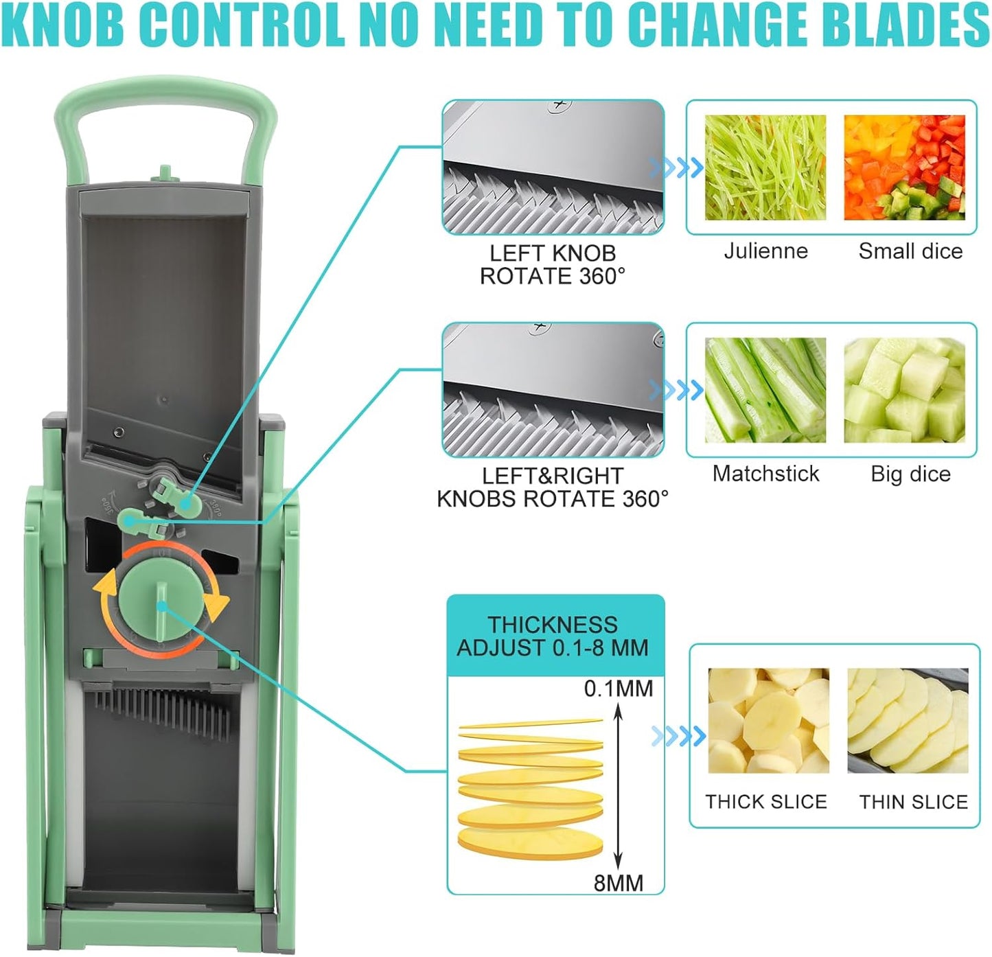 MEKOTRIN Vegetable Chopper Mandoline Slicer for Kitchen, Vegetable Food Slice Potato Slicer Chopper, Veggie Chopper with Container, Adjustable Thickness Julienne + Dicer, Kitchen Tools Gadgets, Green