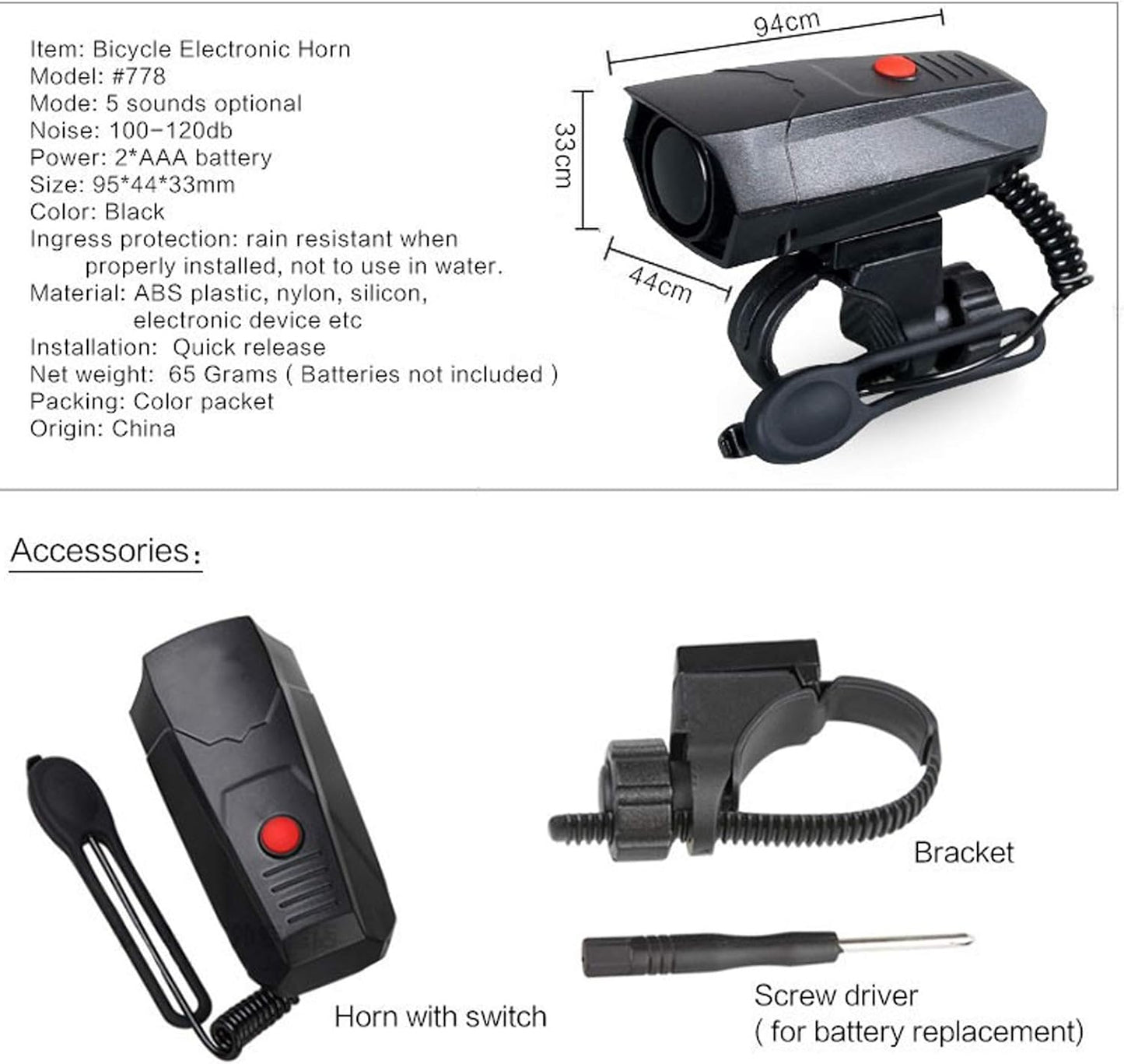 TT-life 120dB Loud Bike Horn, Cycling Bicycle Handlebar Ring Bell Horn with 2 Levels of dB Mode and 5 Different Sounds Black