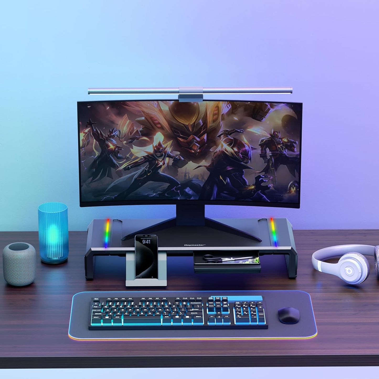 Adjustable Monitor Stand with RGB Light | Foldable Desk Riser with Storage and Organizer for Computer, Laptop, and Printer - PuriLite