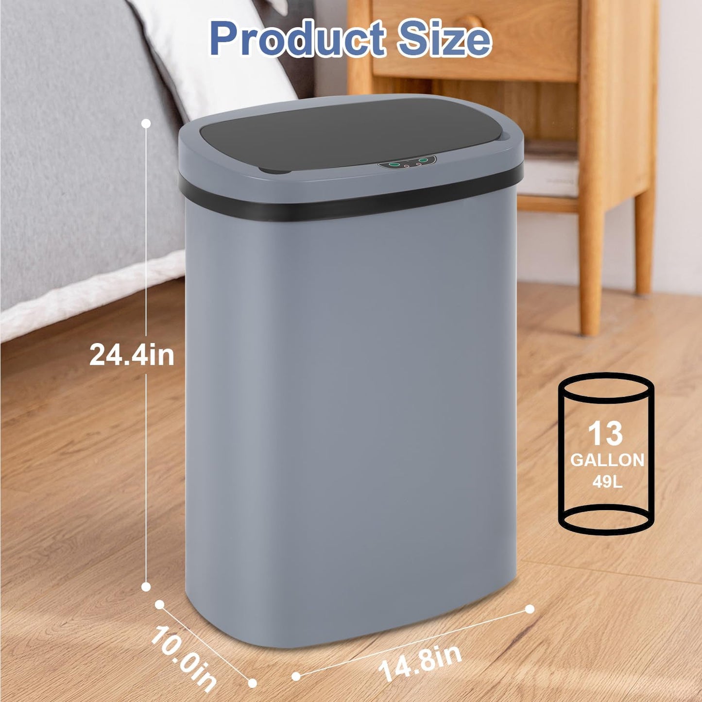 13 Gallon 50 Liter Garbage Can Kitchen Trash Can with Lid Automatic Sensor Touch Free Stainless Steel Waste Bin for Bathroom Bedroom Home Office,Black