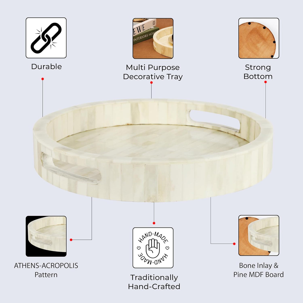 Handicrafts Home 12” Round Decorative Tray – White Bone Inlay Marble Ottoman & Coffee Table Tray with Handles, Modern Farmhouse Centerpiece & Living Room Organizer - PuriLite