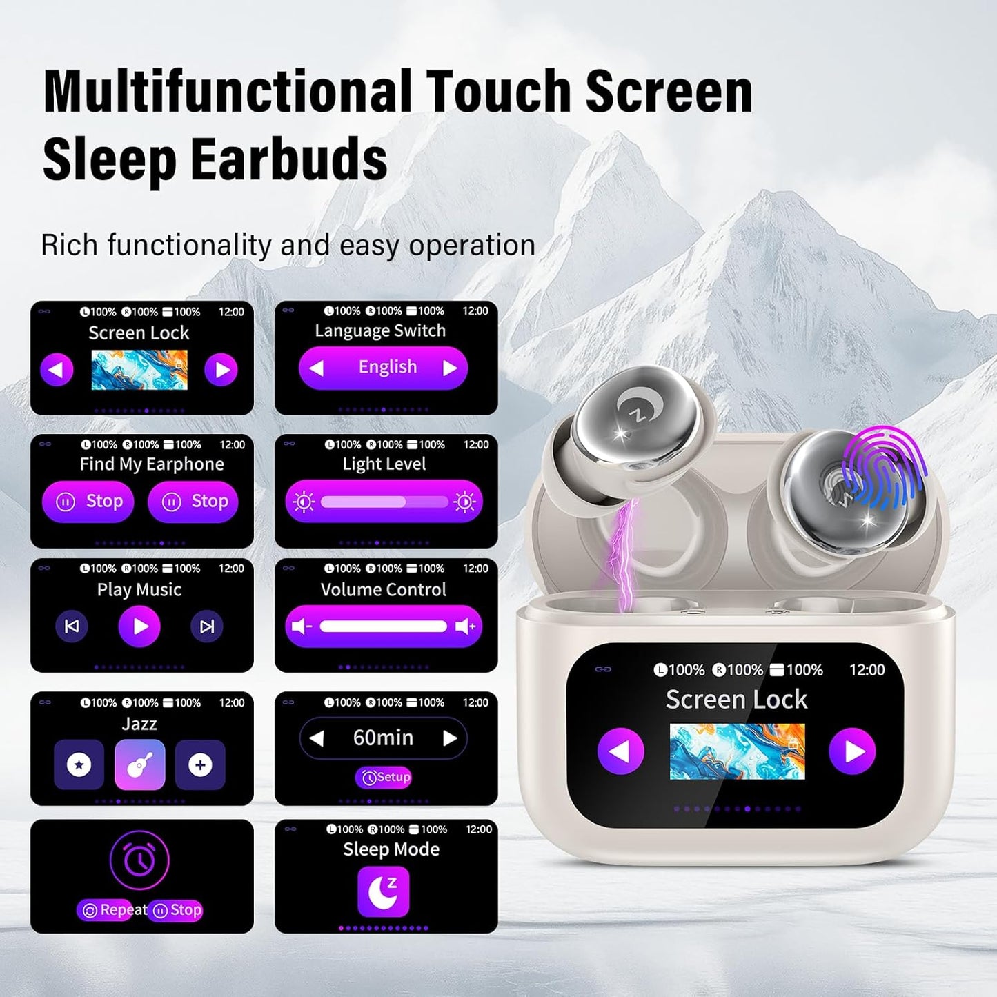 VEKJ Sleep Earbuds, Bluetooth 5.4 Mini Wireless Ear Euds with Multifunctional Touch Screen, 48H Bass Stereo Headphones with Sleep Mode/5 EQ Modes/ENC Noise Cancelling, IPX7 Earphones for iOS Android