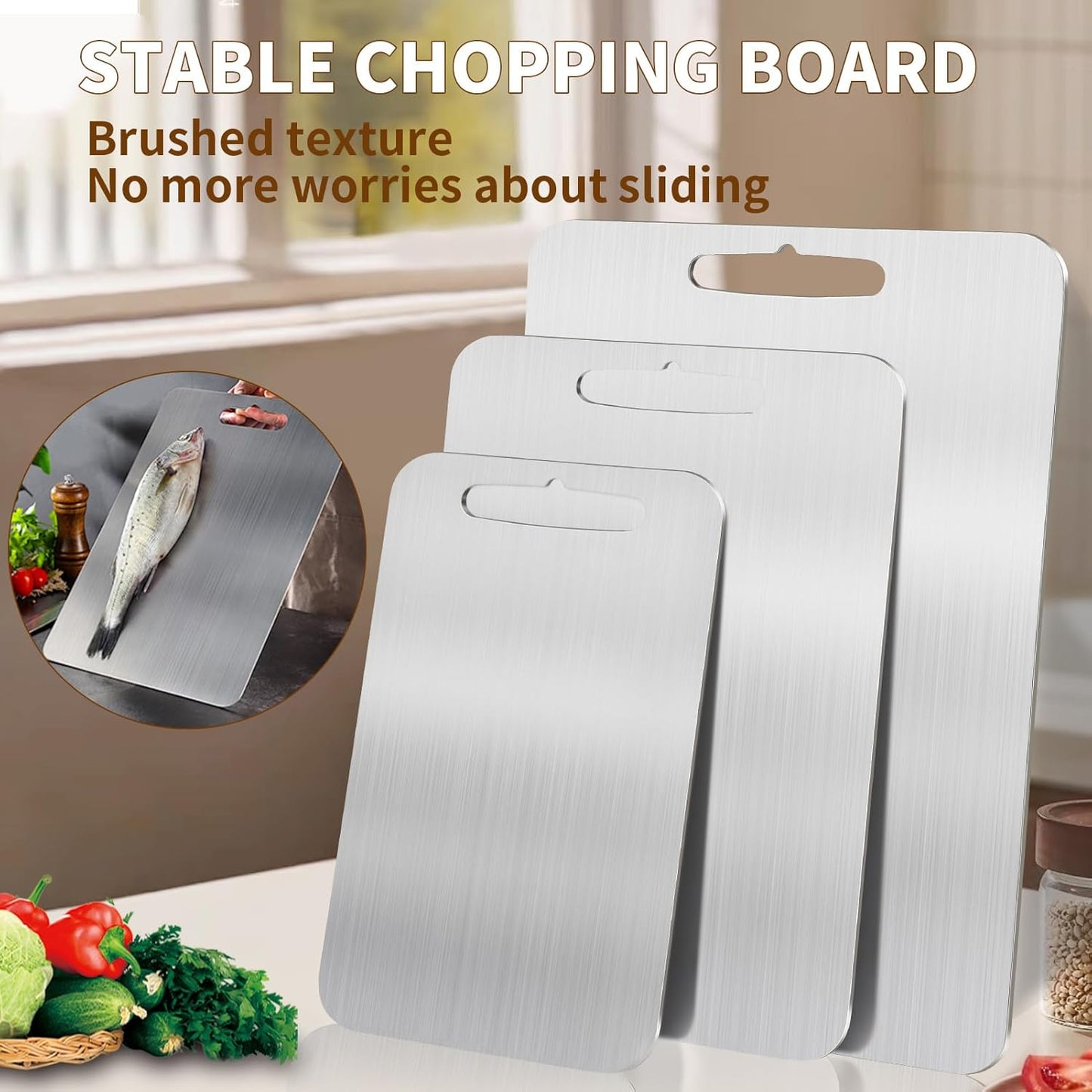 Set of Three Double-Sided Cutting Boards,304 Stainless Steel Cutting Board,Stainless Steel Cutting Board for Vegetables, Meat and Fruit