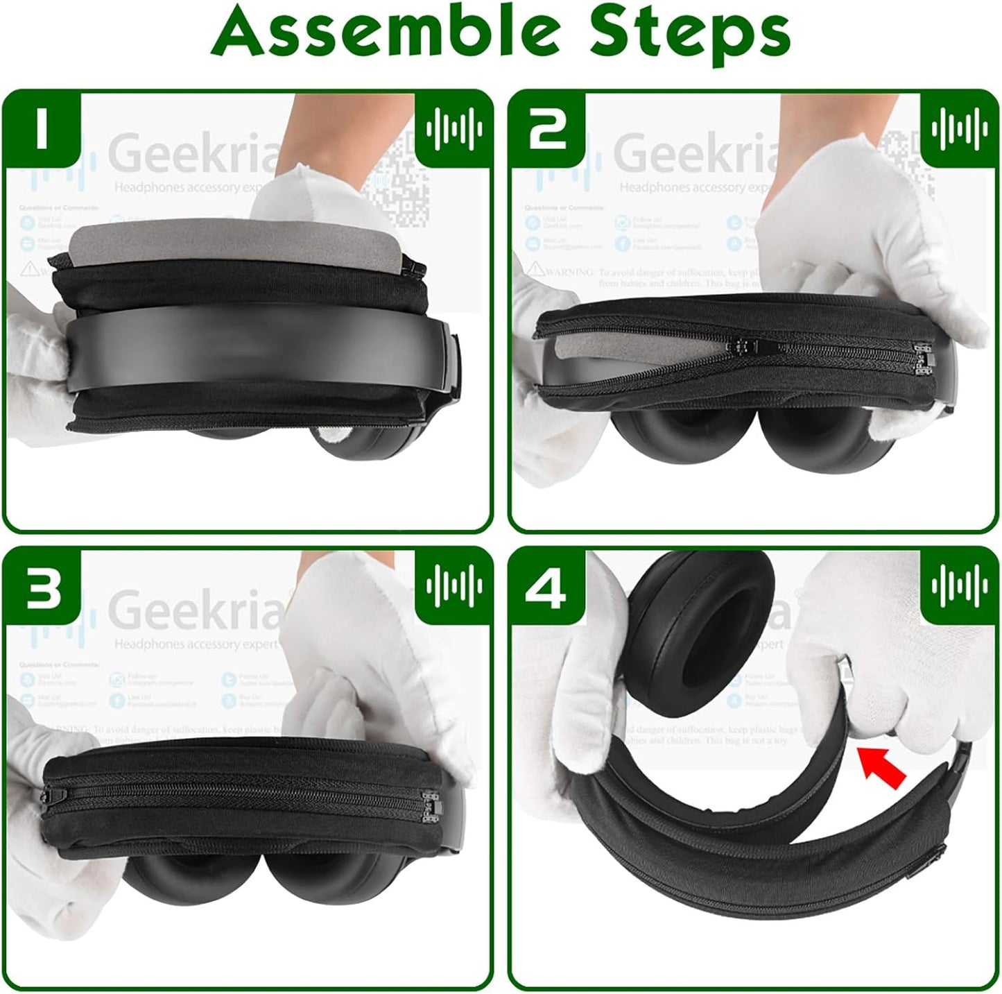 Geekria Hook and Loop Headband Cover + Pad Set, Protector with Zipper Closure Compatible with Medium Sized Headphones, Easy DIY Installation (Protein Leather/Black)