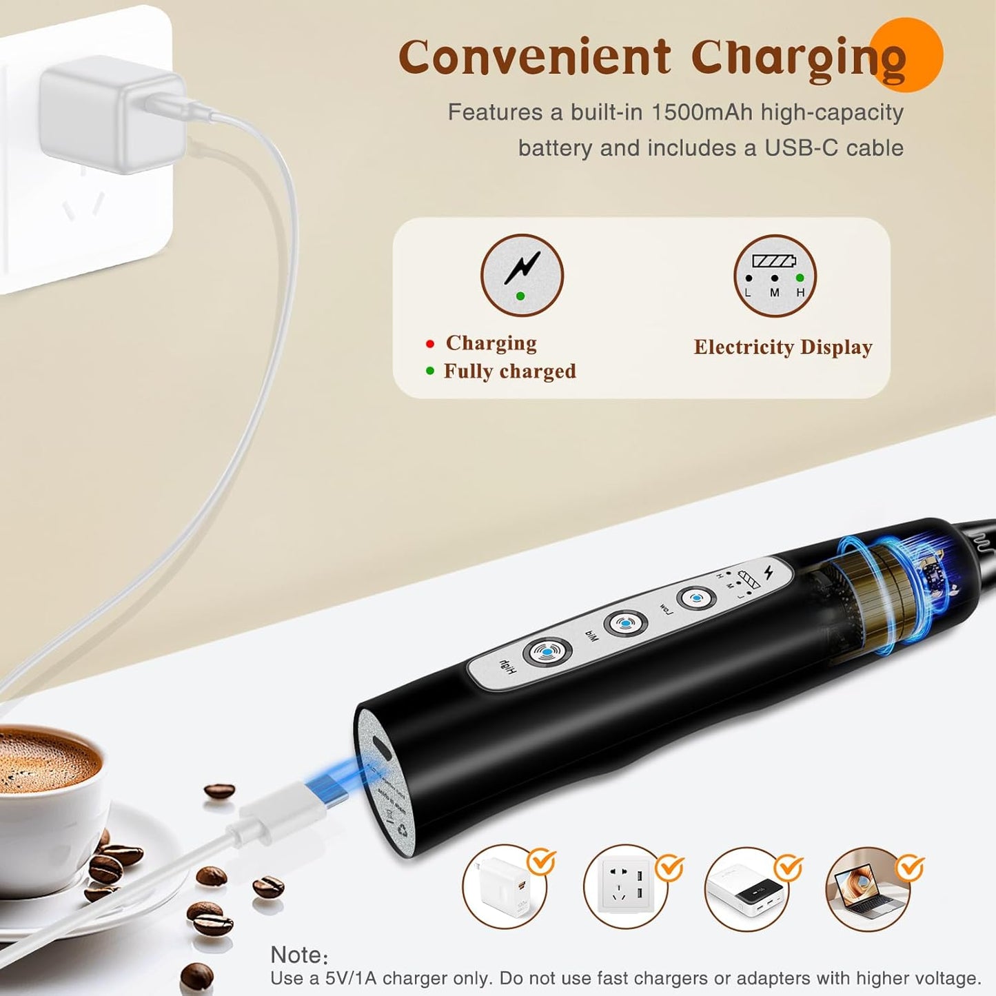 Colarlemo Milk Frother Handheld Rechargeable, Frother Wand Drink Mixer Electric Whisk for Coffee, Detachable With 3 Stainless Whisks, Hand Mixer for Lattes, Cappuccino, Matcha, Egg, No Stand, Black