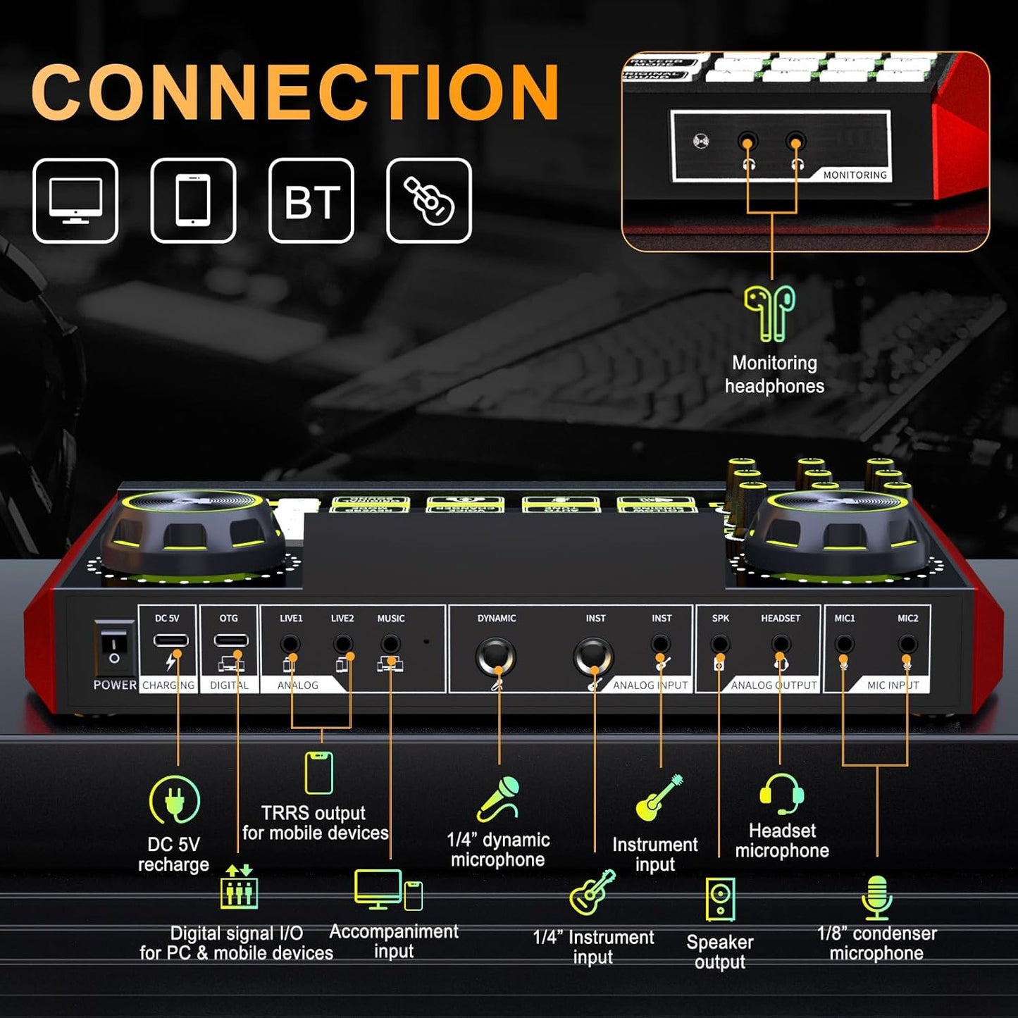 Tenlamp G9 Podcast Audio Mixer, Compatible with 3.5mm Microphones, Live Sound Card for PC/Phone Streaming Content Creators, with Noise Reduction and One-Touch Mute