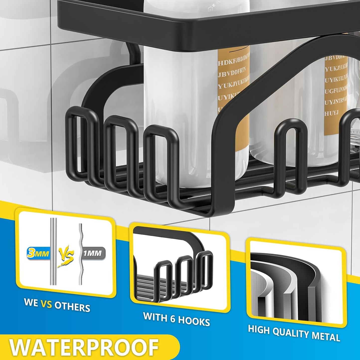 Coraje Adhesive Shower Caddy, 5-Pack Shower Shelves, Large Capacity Load Bearing 40 LBS Shower Organizer, No Drilling Shower Shelf, Rustproof Stainless Steel Bathroom Shower Storage, Black