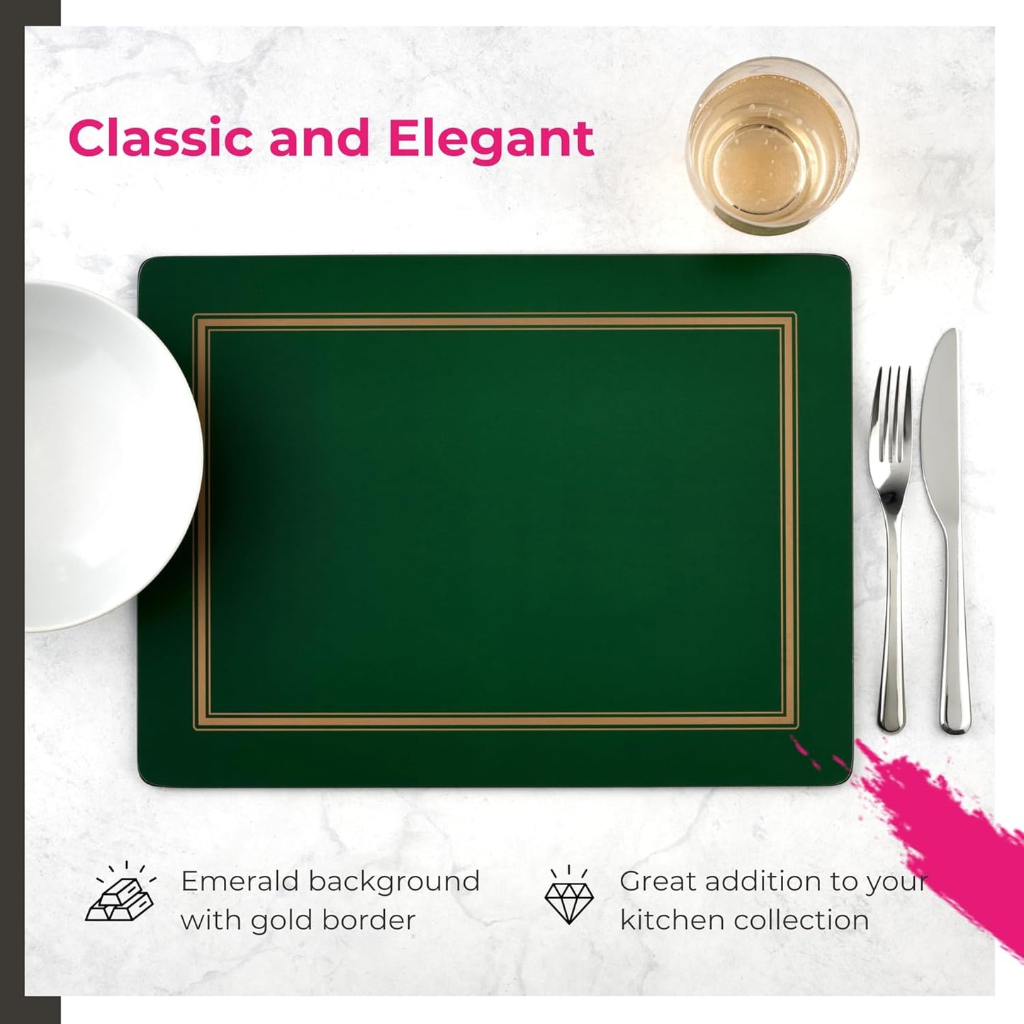 Pimpernel Classic Emerald Placemats - Set of 4 Rectangular Cork Backed Table Mats with Deep Green Finish - Heat Resistant Wipe Clean Placemats for Dining Table Protection & Stylish Meal Presentation