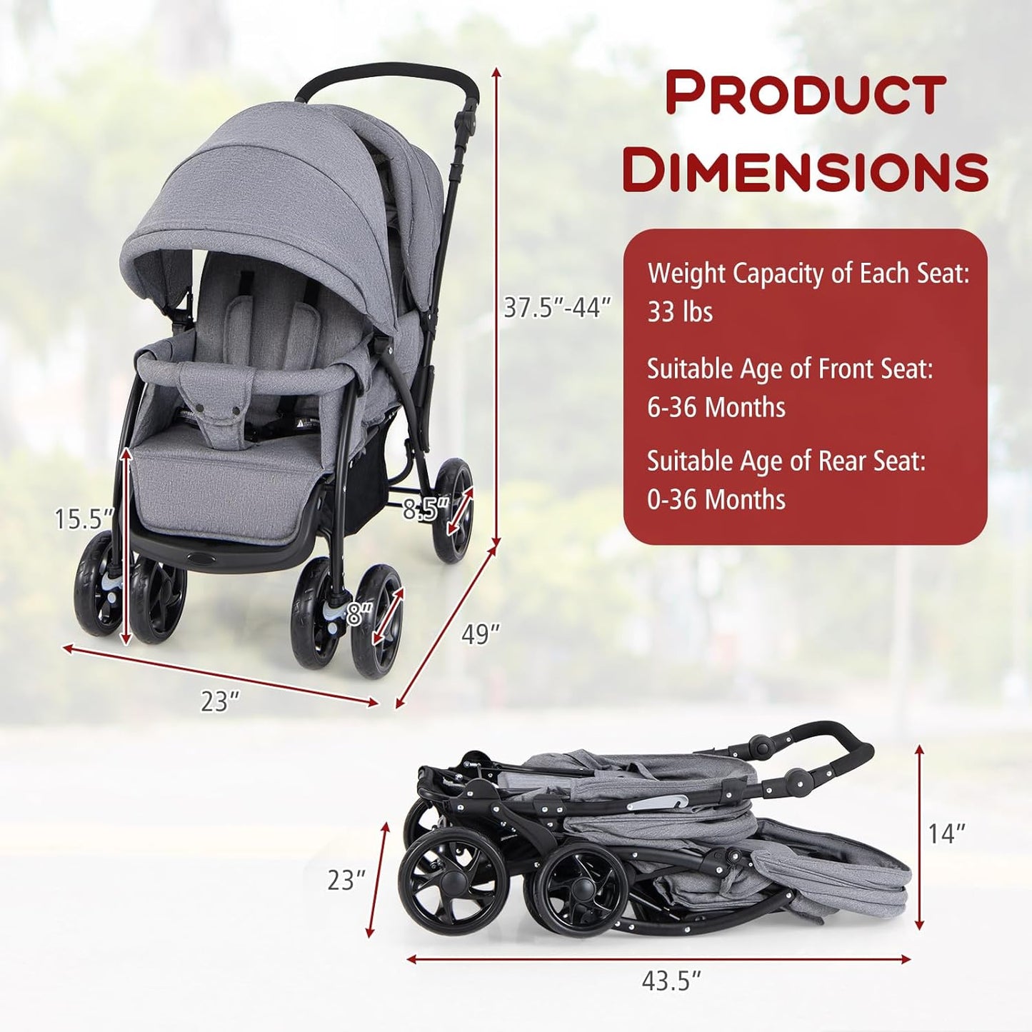 HONEY JOY Double Stroller, Foldable Lightweight Infant Twin Stroller with Tandem Seating, 5-Point Harness, Recline Seat, Storage Basket, Compact Baby Double Stroller Newborn and Toddler (Gray)