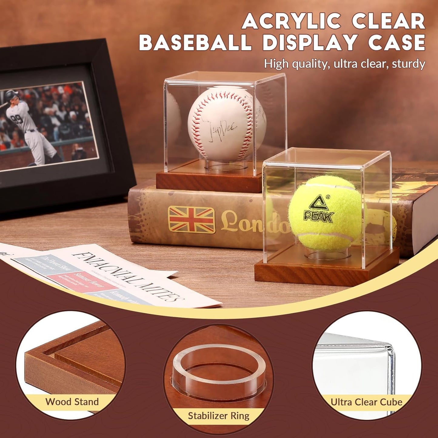 JupDec Baseball Display Case, Clear Cube Baseball Holder with Wooden Base, Autograph Baseball Stand Box for Single Ball, Acacia Wood, Brown, 1 Pack