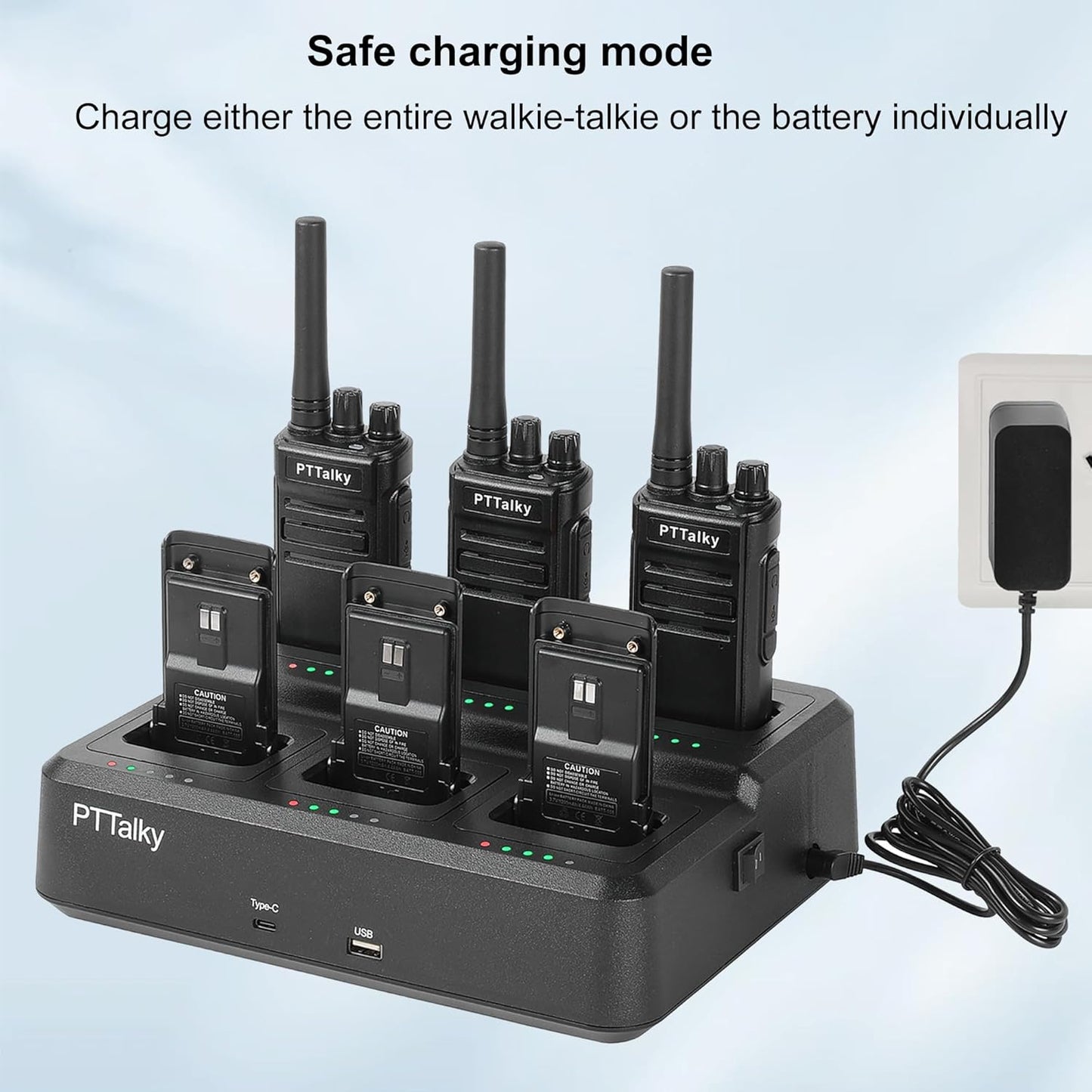 PTTalky FR1 Walkie Talkies with 6-Way Charger, Long Range Walkie Talkies, USB-C Charging, VOX, with Earpieces, 2 Way Radios for Business School Warehouse