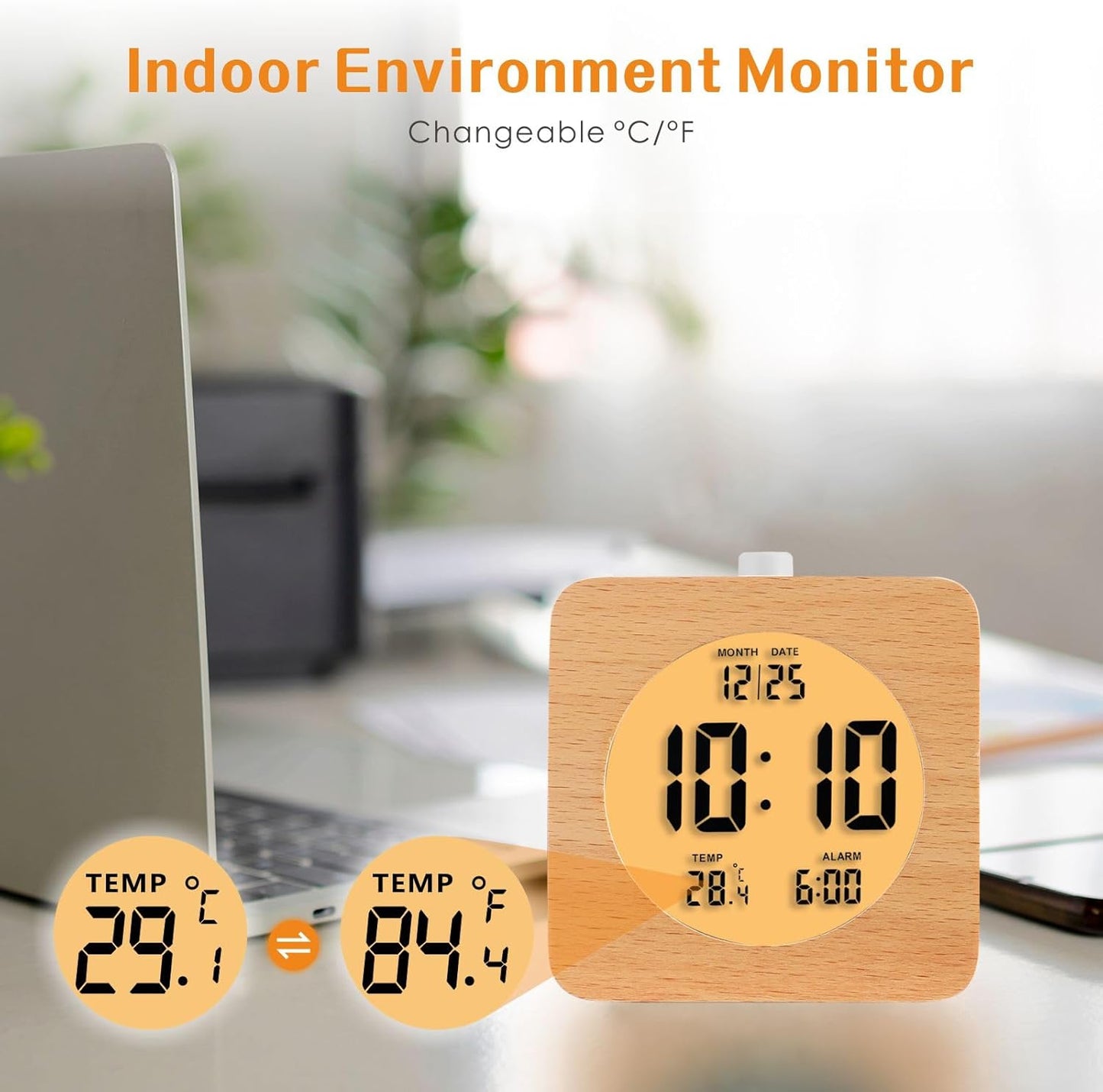 Plumeet Wooden Digital Alarm Clock for Bedrooms, Wood 4'' Battery Powered Alarm Clock with Snooze and Nightlight, Electronic LCD Desk Clock Display Time, Date, Temp, 12/24H, Wood Décor (Sapele, 3.2'')