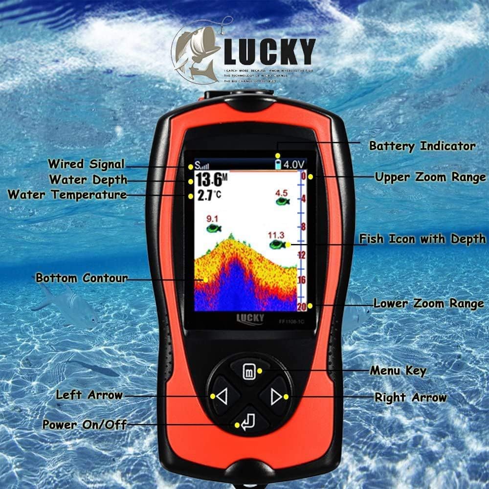 LUCKYLAKER Portable Fish Finder Transducer Sonar Sensor 147 Feet Water Depth Finder LCD Screen Echo Sounder Fishfinder with Fish Attractive Lamp for Ice Fishing Sea Fishing
