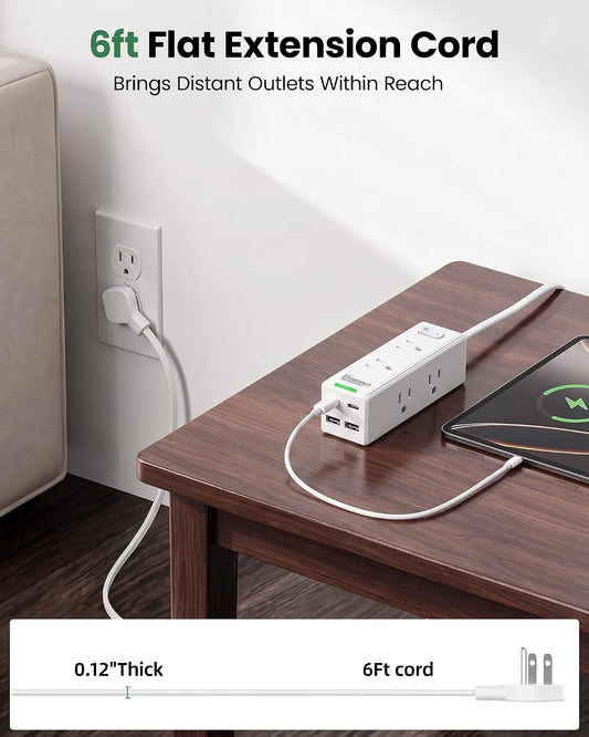 6 FT Flat Plug Extension Cord Power Bar with 6 Outlets and 4 USB