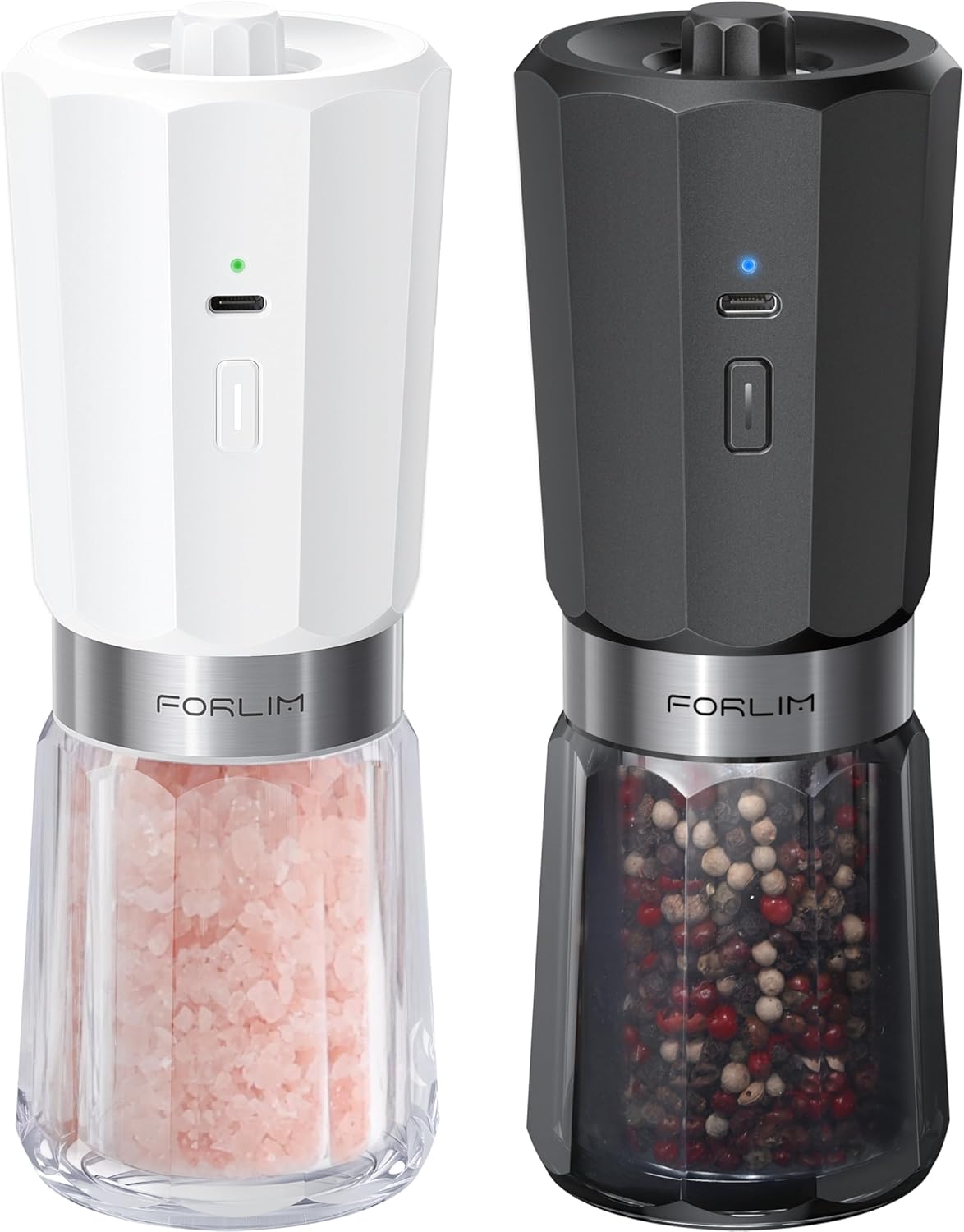FORLIM 2-Speed Electric Salt and Pepper Grinder Set, 800mAh Rechargeable, Upgraded Auto-Reverse Clean After Stop, Pepper Shakes with White LED, Ceramic Grinding Core, Black & White