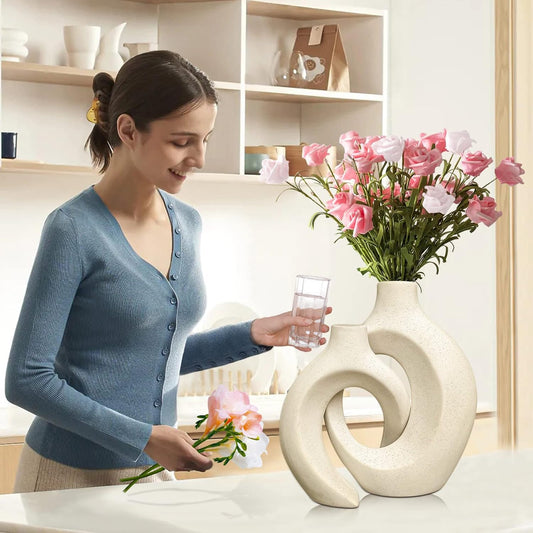 White Ceramic Vases -Set of 2,Round Hollow Modern Vase for Home Decor,Boho Vases for Nordic Minimalist Decor, Wedding Dining Living Room Entryway Table Decorative Vase…