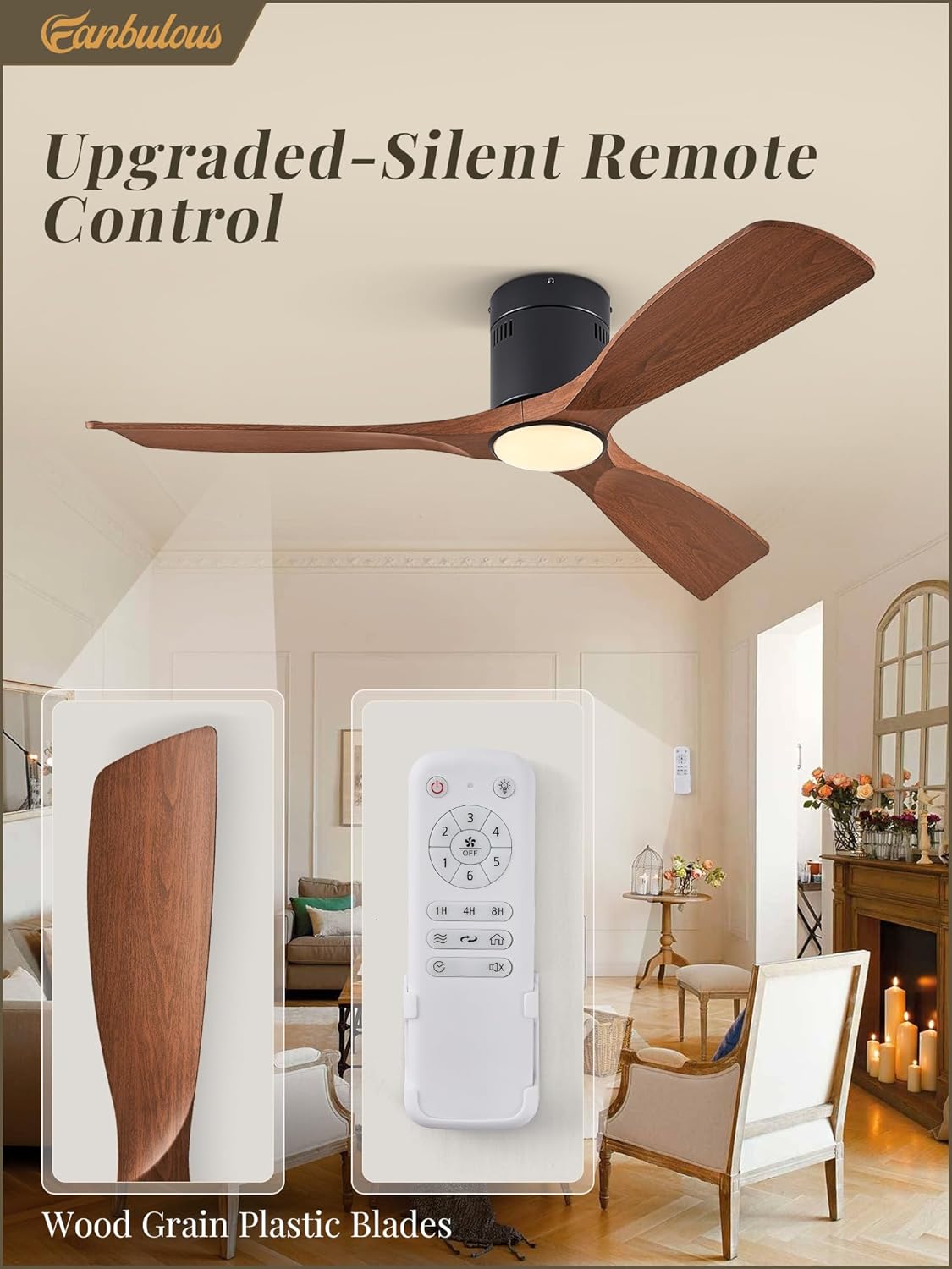 Fanbulous 52" Ceiling Fans with Lights and Remote Control,Modern Flush Mount Ceiling Fan with 3 LED Colors,Outdoor Low Profile Ceiling Fans with 6-Speeds Timer DC Motor for Bedroom Living Room Patio