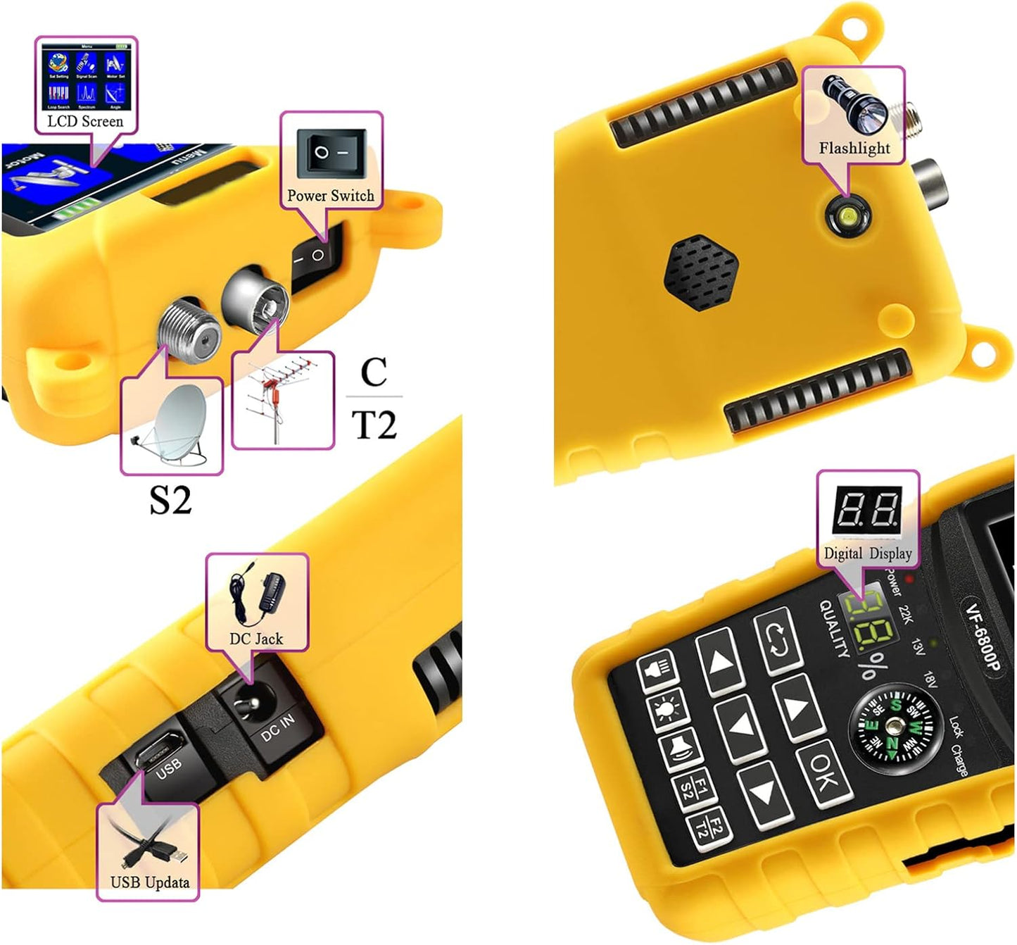 Satellite Finder, Portable Satellite Finder 2.4inch TFT LCD Professional HD Digital Satellite Finder Meter for Testing Strength, SNR, MER and More (US Plug)