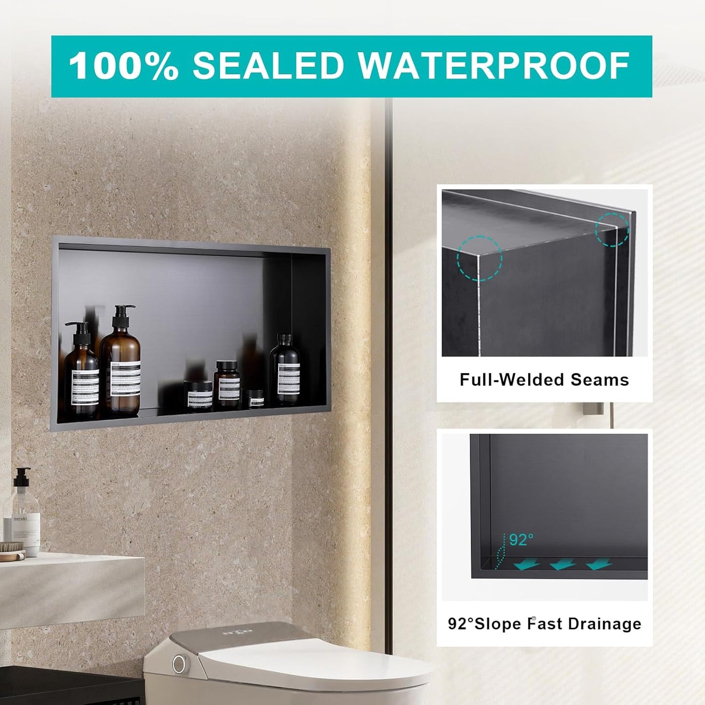 MENATT No Tile Shower Niche, Stainless Steel Wall Niche 13"X19"(Inner Size 12"X18"), Two-Tier Bathroom Shelf, NO Tile Needed Recessed Niche Shower for Bathroom Storage, Black