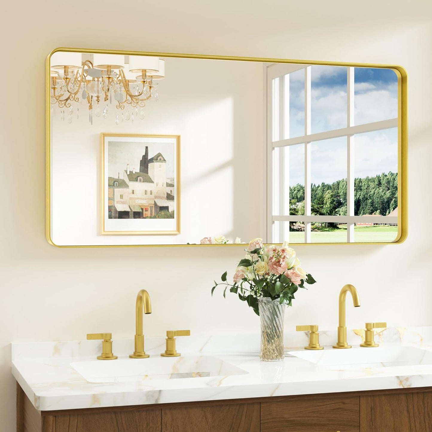 Keonjinn 42 x 36 Brushed Nickel Bathroom Vanity Mirror, Large Rounded Rectangle Bathroom Mirrors for over Sink, Metal Framed Silver Mirror for Wall, Shatterproof HD Tempered Glass(Horizontal/Vertical)