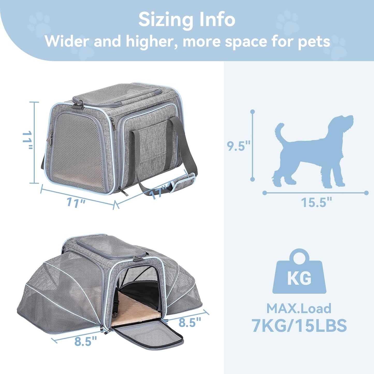 Petsfit Expandable Cat Dog Carrier Airline Approved, 17" L x 11" W x 11" H Soft-Sided Portable Pet Travel Carrier for Kitten, Puppy, Removable Soft Plush Mat and Pockets, Auto-Locking Zippers