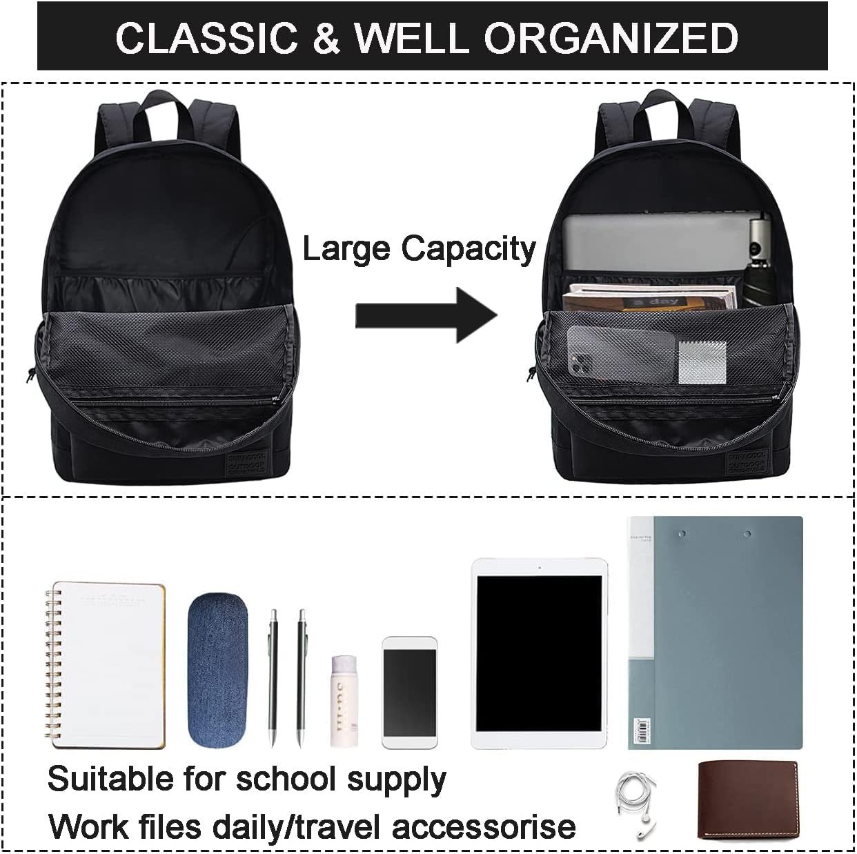 SUPACOOL Casual Laptop Backpack with USB Charging Port for Men and Women, School Bookbag for College, Lightweight Pack Back(Dark Black)