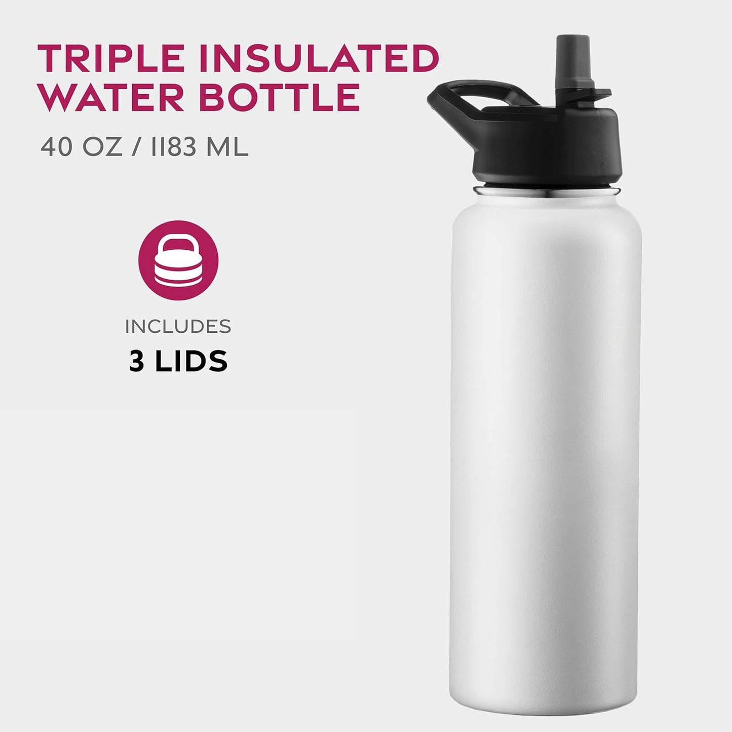 FineDine Water Bottle - Stainless Steel Insulated Water Bottle with Straw Lid, Flip Lid & Wide-Mouth Cap - Keeps Hot and Cold - 25 Oz / 739ml - Pure Pearly White
