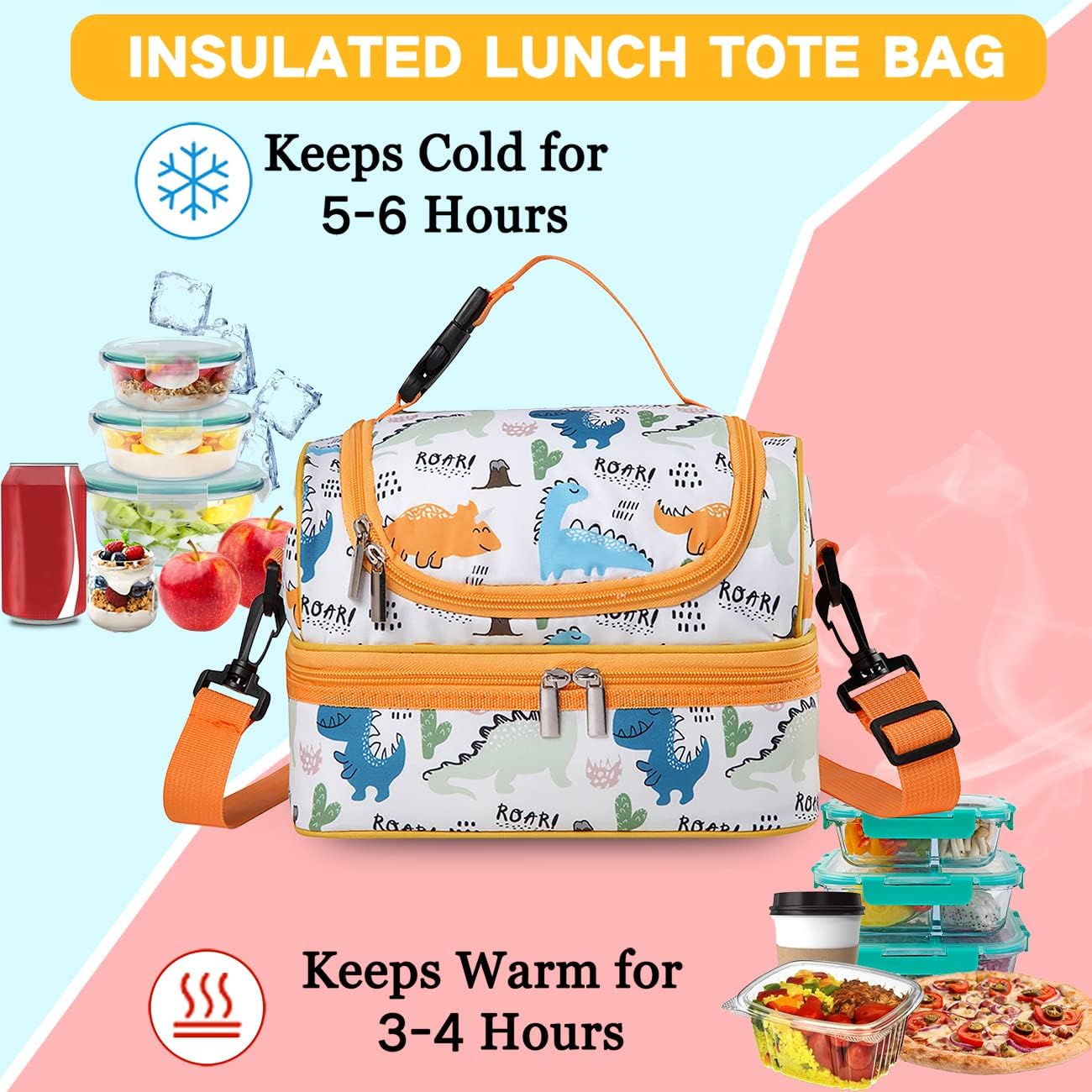 VASCHY Lunch Box Bag Men, Insulated Two Compartments Bento Cooler Bags for Adults/Women/Kids for School,Daycare,Kindergarten,Picnic Black