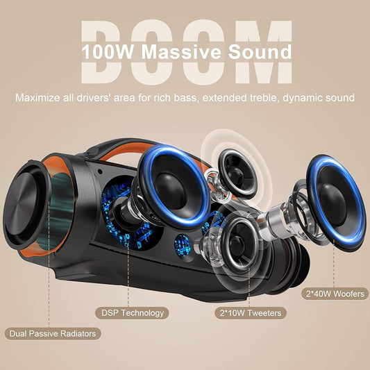 DOSS Extreme Boom Pro Bluetooth Speaker with 100W Stereo Sound, Rich Bass, 20H Playtime, Mixed Color Light, IPX6 Waterproof Haut parleur for Camping, Beach, Outdoor-Orange - PuriLite