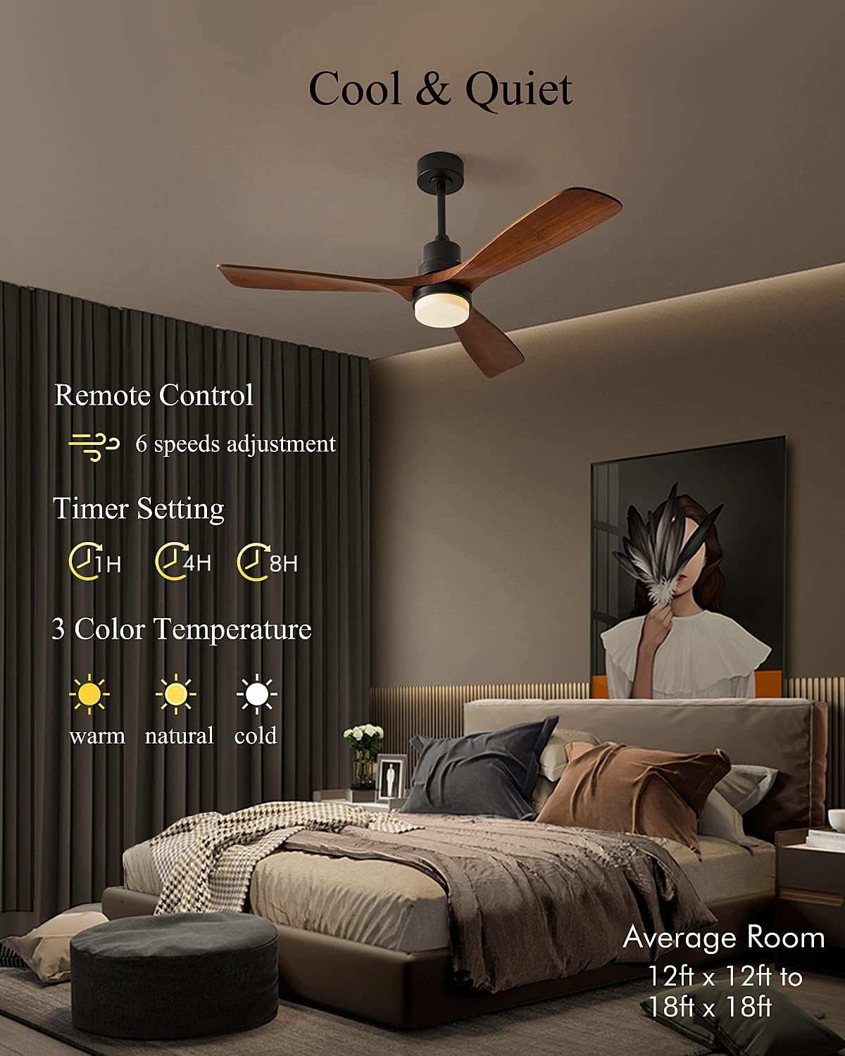 Chriari Ceiling Fans with Lights, 3 Wood Fan Blades, 52" Black Classical Style Fan with Remote Control, Noiseless Reversible DC Motor for Bedroom/Living Room/Study/Porch