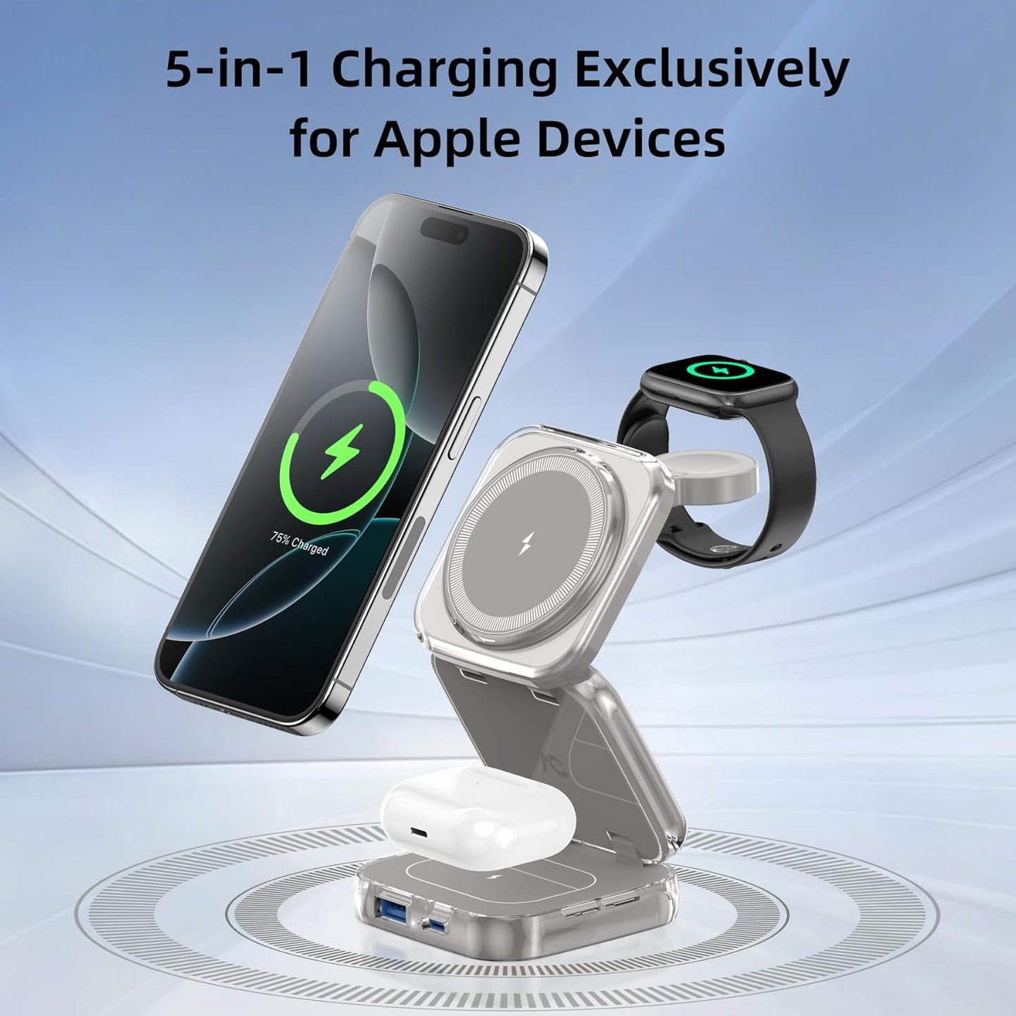5-in-1 Wireless Charger for Magsafe, AC ISLAND Aluminum Travel Charging Station for Apple, 15W Snap Magnetic Multi Charging Stand Dock for iPhone 16/15/14/13 Apple Watch AirPods (with 35W GaN Adapter)