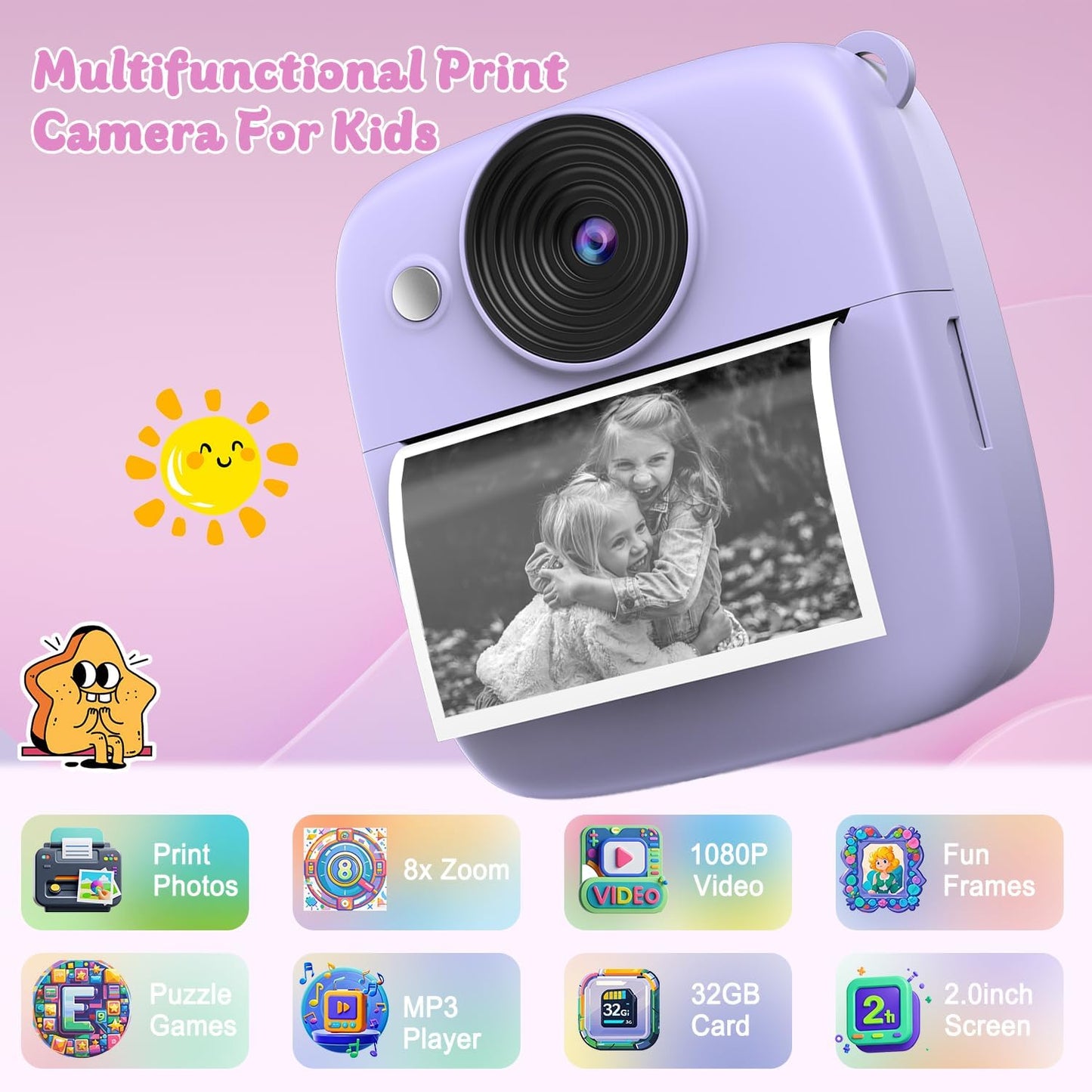 Kids Camera Instant Print, Christmas Birthday Gifts for Kids Age 3-8, 1080P Digital Camera with 32GB Card, Toddler Portable Travel Camera Toys for 4 5 6 7 8 9 10 Year Old Girls Boys Purple