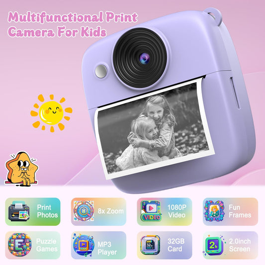 Kids Camera Instant Print, Christmas Birthday Gifts for Kids Age 3-8, 1080P Digital Camera with 32GB Card, Toddler Portable Travel Camera Toys for 4 5 6 7 8 9 10 Year Old Girls Boys Purple - PuriLite