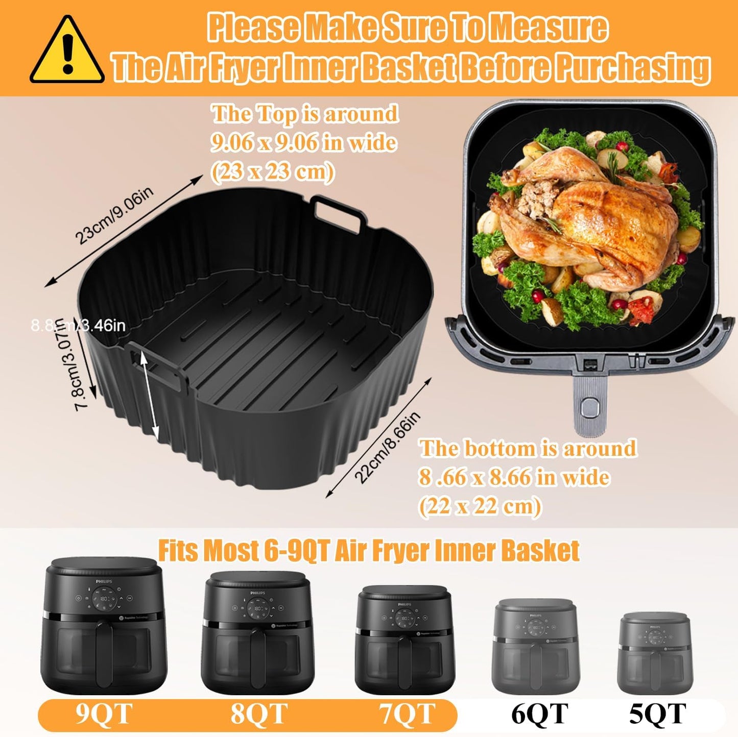 Silicone Air Fryer Liner, 3 PCS 9 Inch Square Air Fryer Basket Liners,Silicone Tray, Air Fryer Inserts for 6 to 9 QT, Reusable Air Fryer Accessories for Cosori Philips Ninja Oven Microwave