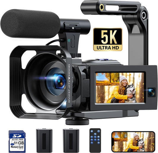 5K Camcorder Video Camera, 56MP Dual Lens WiFi IR Night Vision YouTube Vlogging Camera,16X Digital Zoom Touch Screen Cam Corder, Camcorder 5K with 64GB SD Card, 2 Batteries, Tripod, Remote Control