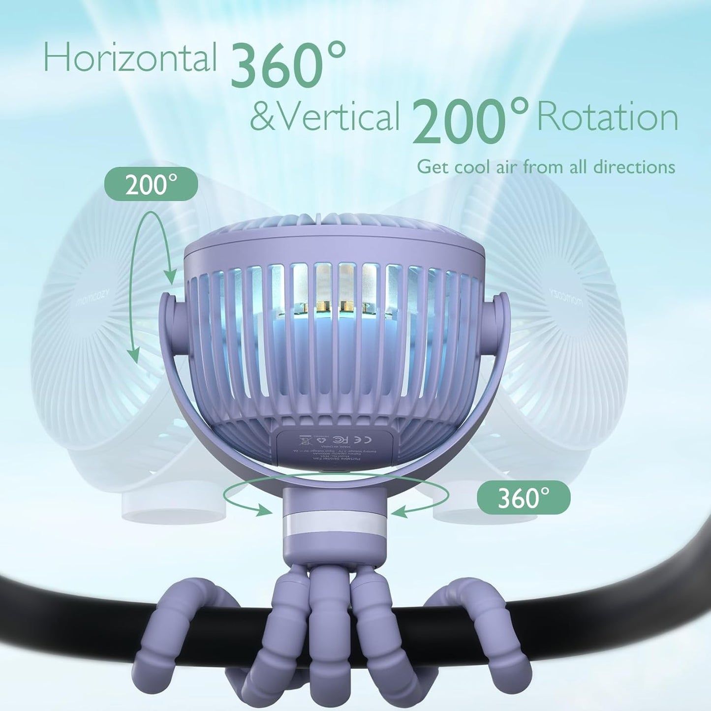 Momcozy Portable Stroller Fan, 27H Ultra-long Battery Life, Detachable 4 Speed 360°Rotate, LED Night Light with 2 Modes, USB Rechargeable and Handheld Cooling Fan for Travel, Car Seat