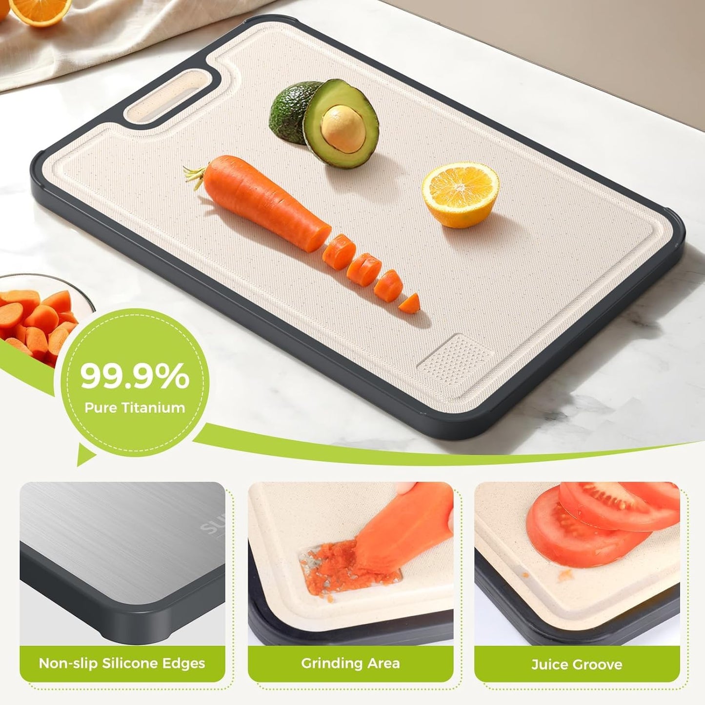 Titanium Cutting Board for Kitchen, Cutting Board Double Sided Food Grade, Pure Titanium and Wheat Straw PP, Easy to Clean Large Size 16”×10”