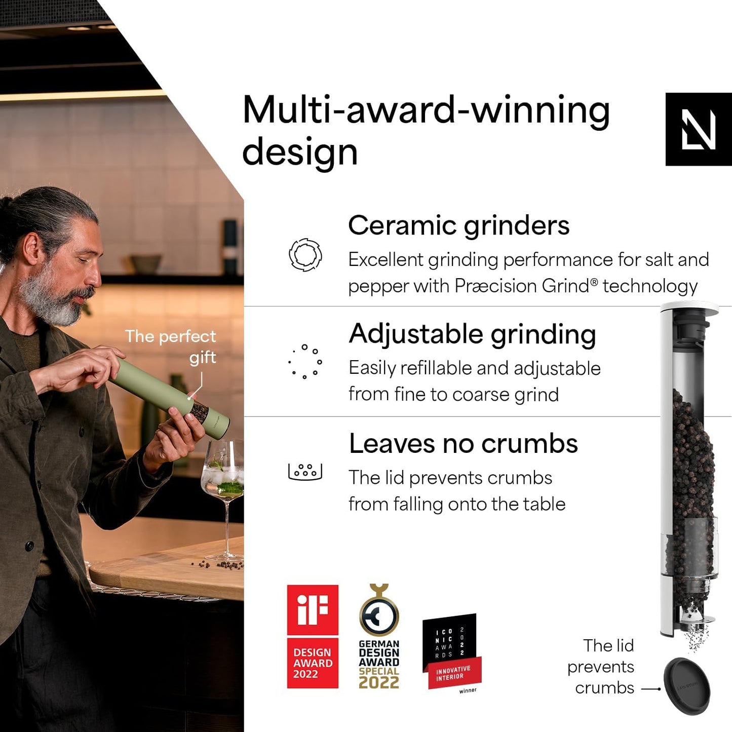 LARS NYSØM Salt and Pepper Mills Set Stainless Steel with Adjustable Ceramic Grinder 2 Pieces I Design Spice Mills Set Manual (Mustard Yellow)