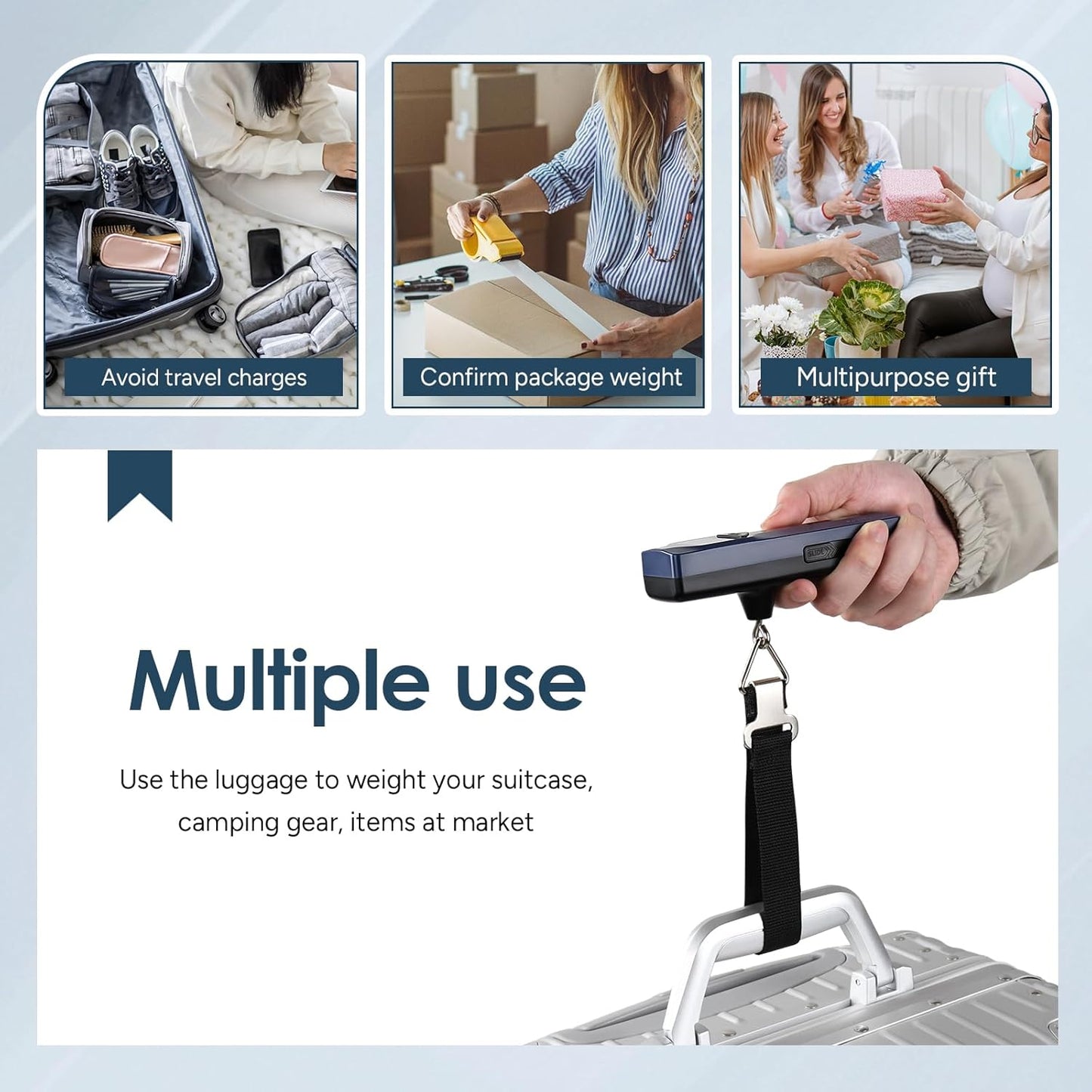 travel inspira Luggage Scale Battery-Free, Travel Essentials, Portable Handheld Digital Suitcase Weight Scale for for Travel Accessories, 110lbs/50kg (Dark Blue)