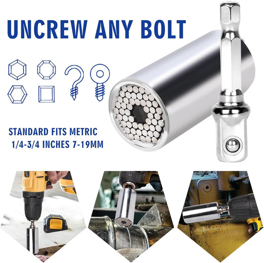 Universal Socket Tool Adjustable Wrench – Multi-Function Socket with Drill Adapter – Stocking Stuffer (Silver)
