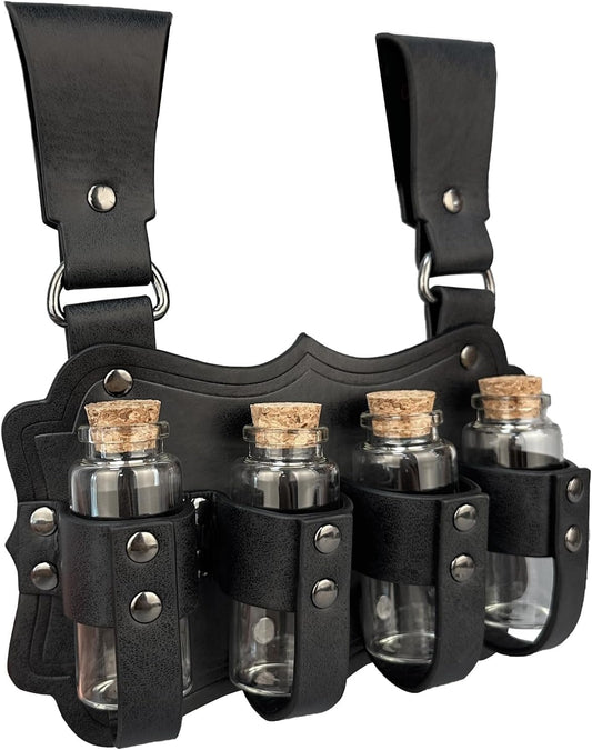 HiiFeuer Medieval Embossed Alchemy Faux Leather Buckle Belt with 4 Cork Vials, Fantasy Wizard Potion Bottles Belt - PuriLite