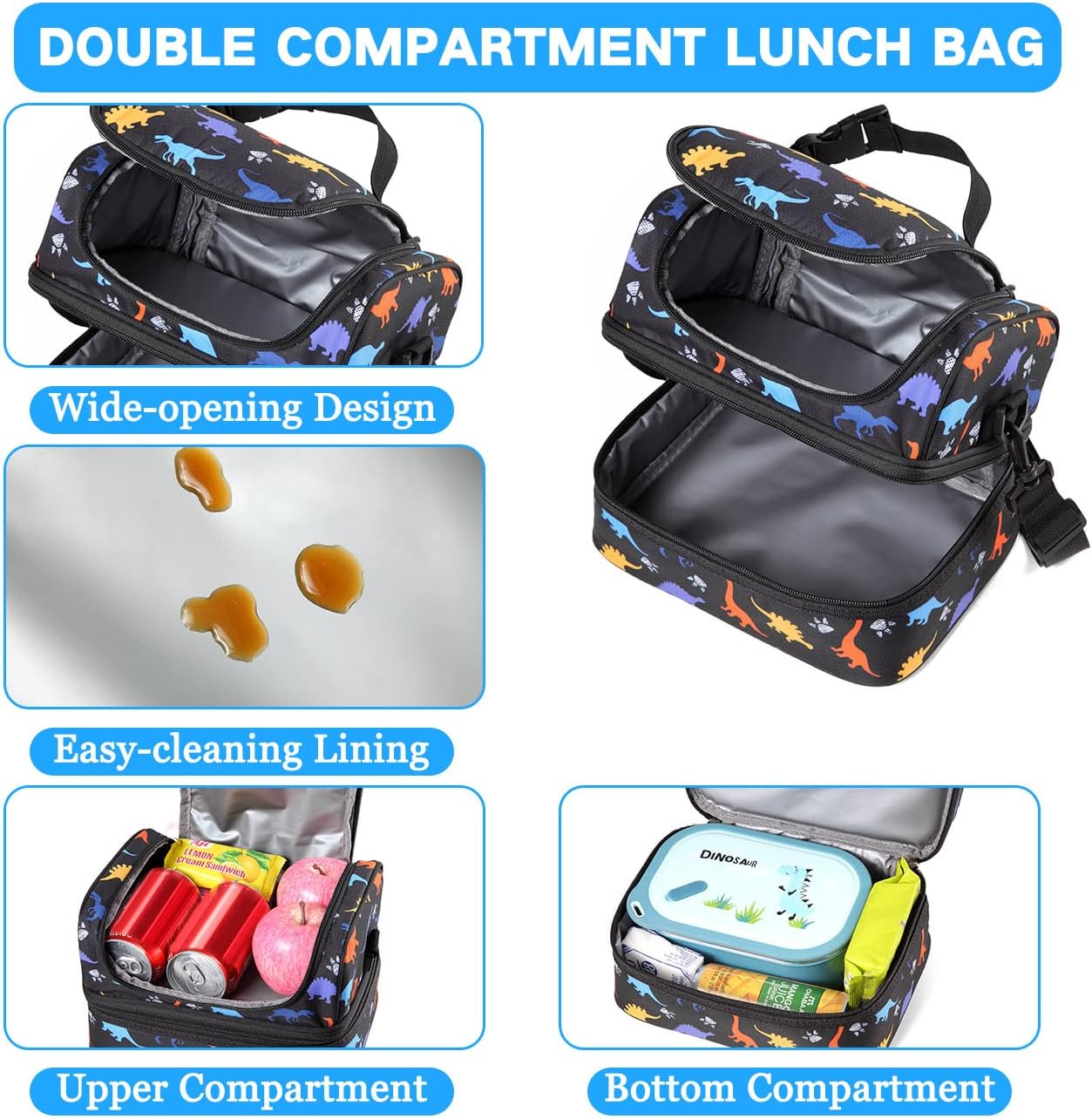 VASCHY Lunch Box Bag Men, Insulated Two Compartments Bento Cooler Bags for Adults/Women/Kids for School,Daycare,Kindergarten,Picnic Black
