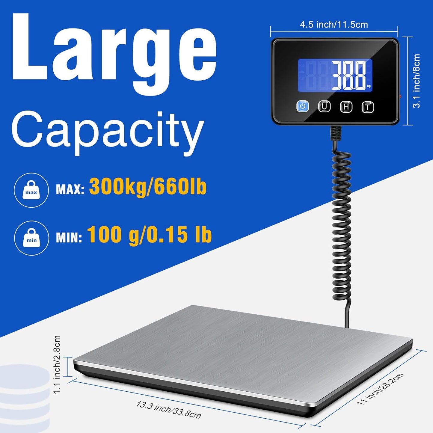 RAOYAN Shipping Scale, 660 lb / 1 oz High Accuracy Digital Postal Scale with LCD Display, Hold/Tare Function, Shipping Scale for Package, Luggage, Warehouse (Including 2 Batteries, Charging Cable)