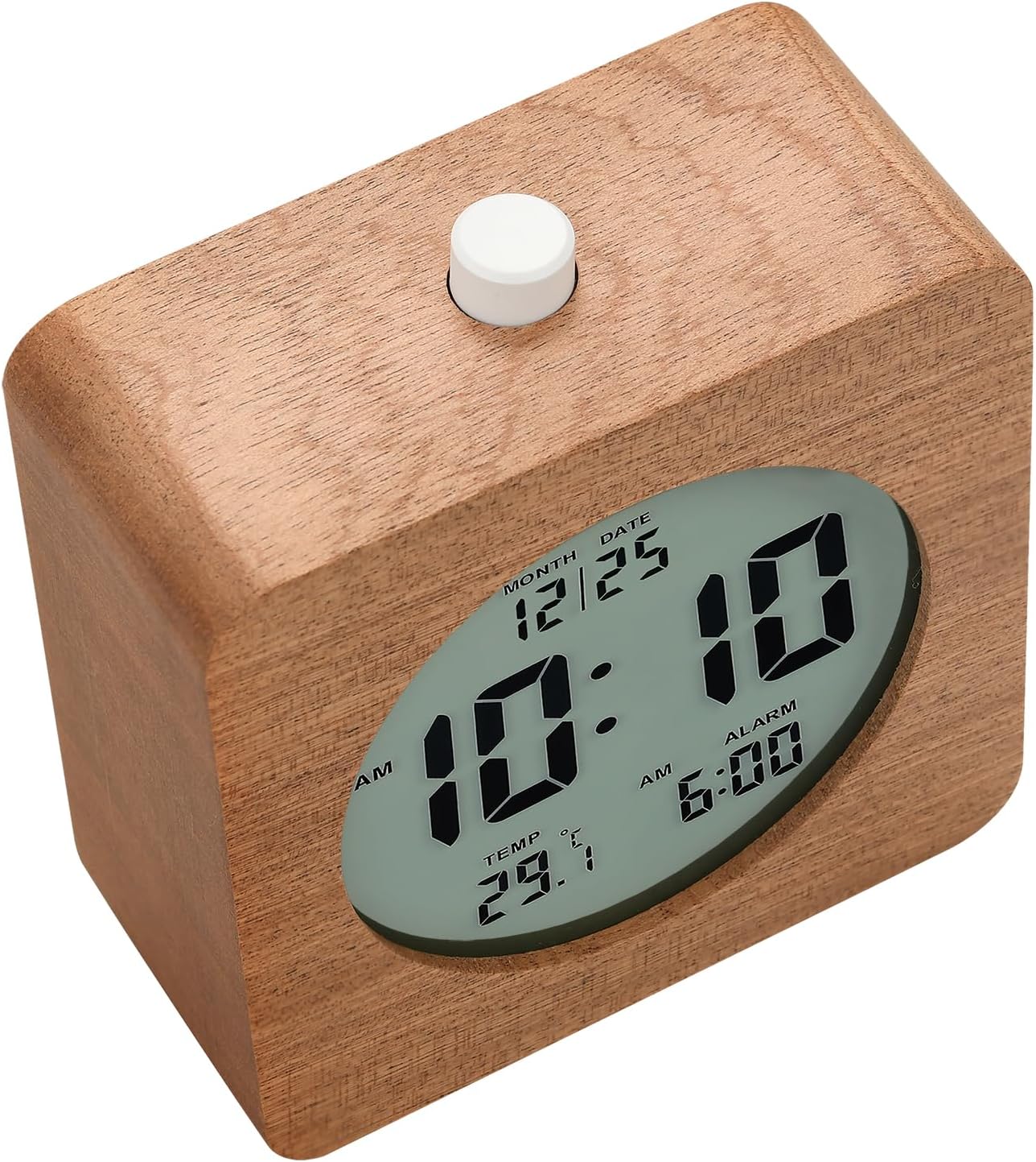 Plumeet Wooden Digital Alarm Clock for Bedrooms, Wood 4'' Battery Powered Alarm Clock with Snooze and Nightlight, Electronic LCD Desk Clock Display Time, Date, Temp, 12/24H, Wood Décor (Sapele, 3.2'')