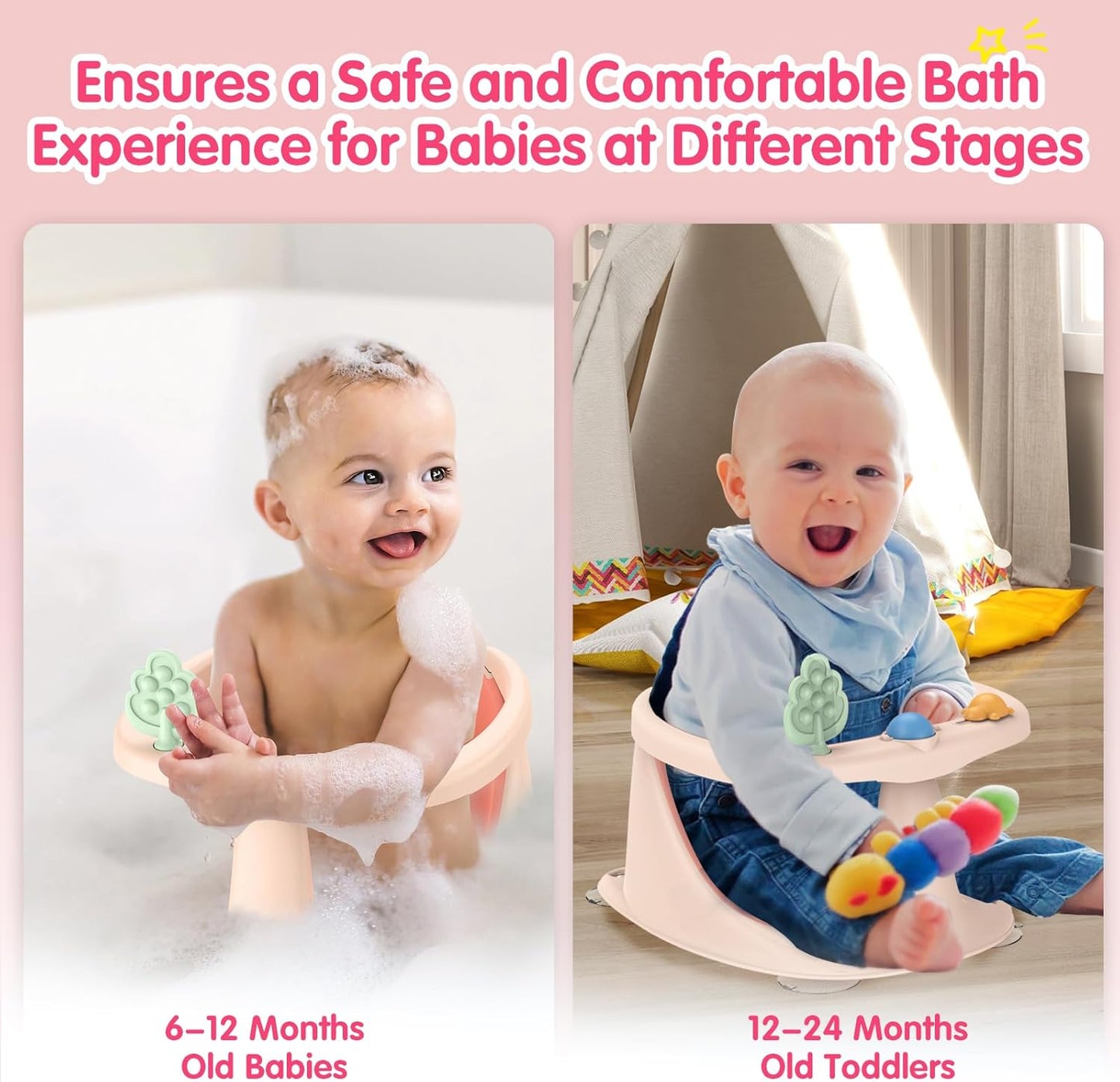 Baby Bath Seat for Babies 6 Months & Up, Non-Slip with Suction Cups, Safe & Comfortable Infant Bath Seat for Bathtub, Grey