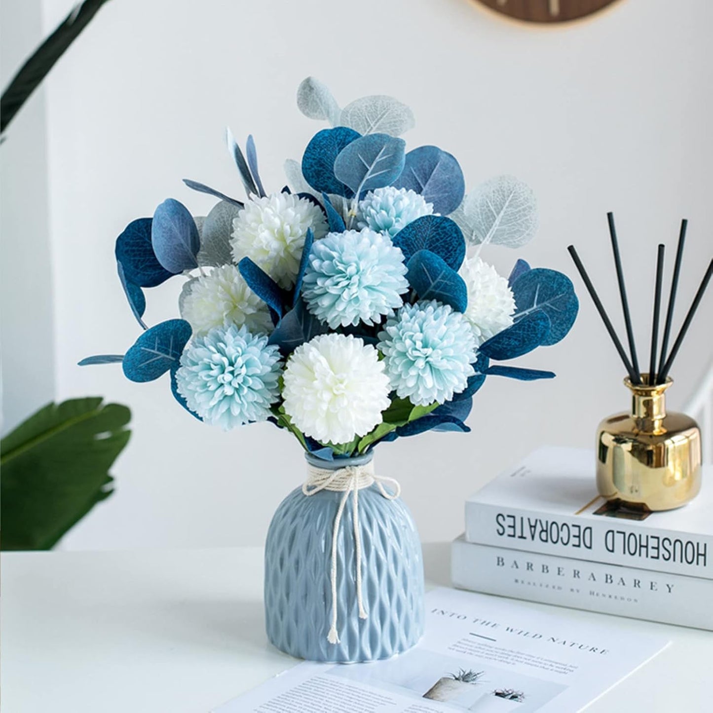 BLOSMON White Fake Flowers with Vase: Small Coffee Table Decor Bathroom Hydrangea Faux Flowers in Vase Office Desk Shelf Home Living Room Bedroom Vanity nightstand Decorations Floral Arrangement