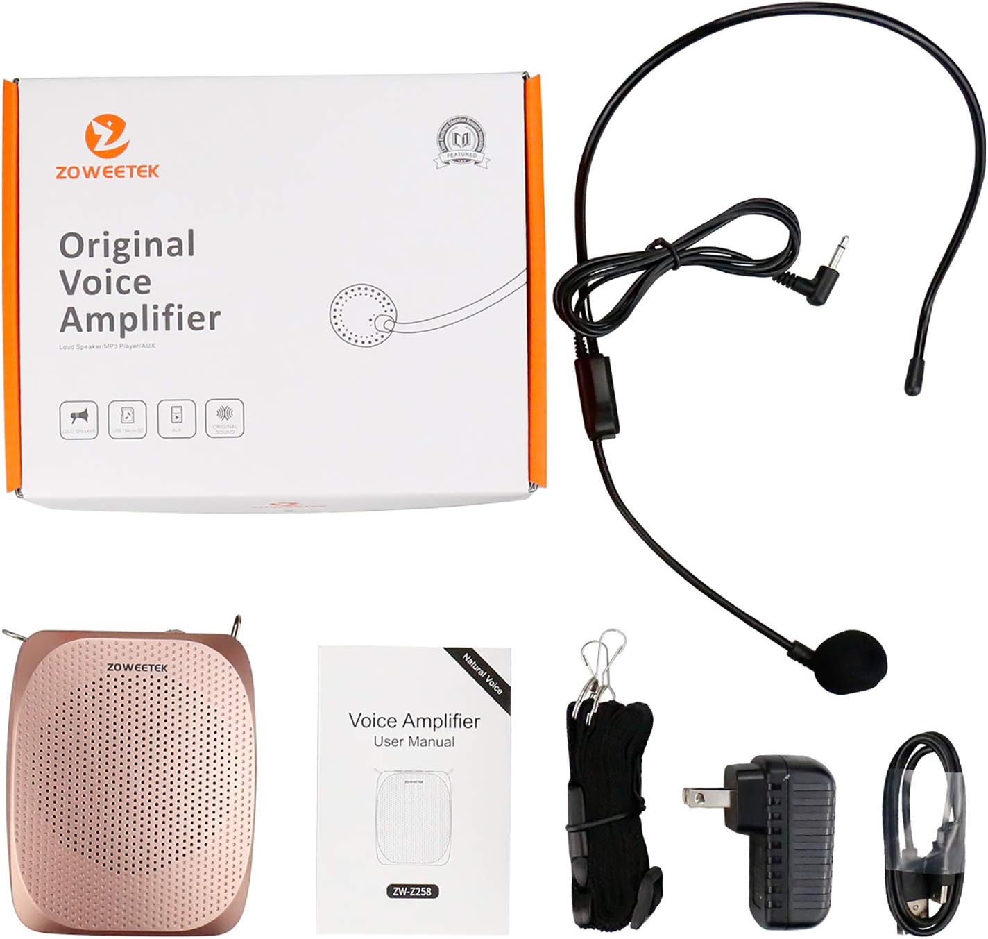 ZOWEETEK Voice Amplifier with Microphone Headset,1800mAh Rechargeable Portable Amplifier for Teachers, Tour Guide,Yoga,Fitness, Training, Meeting,Classroom