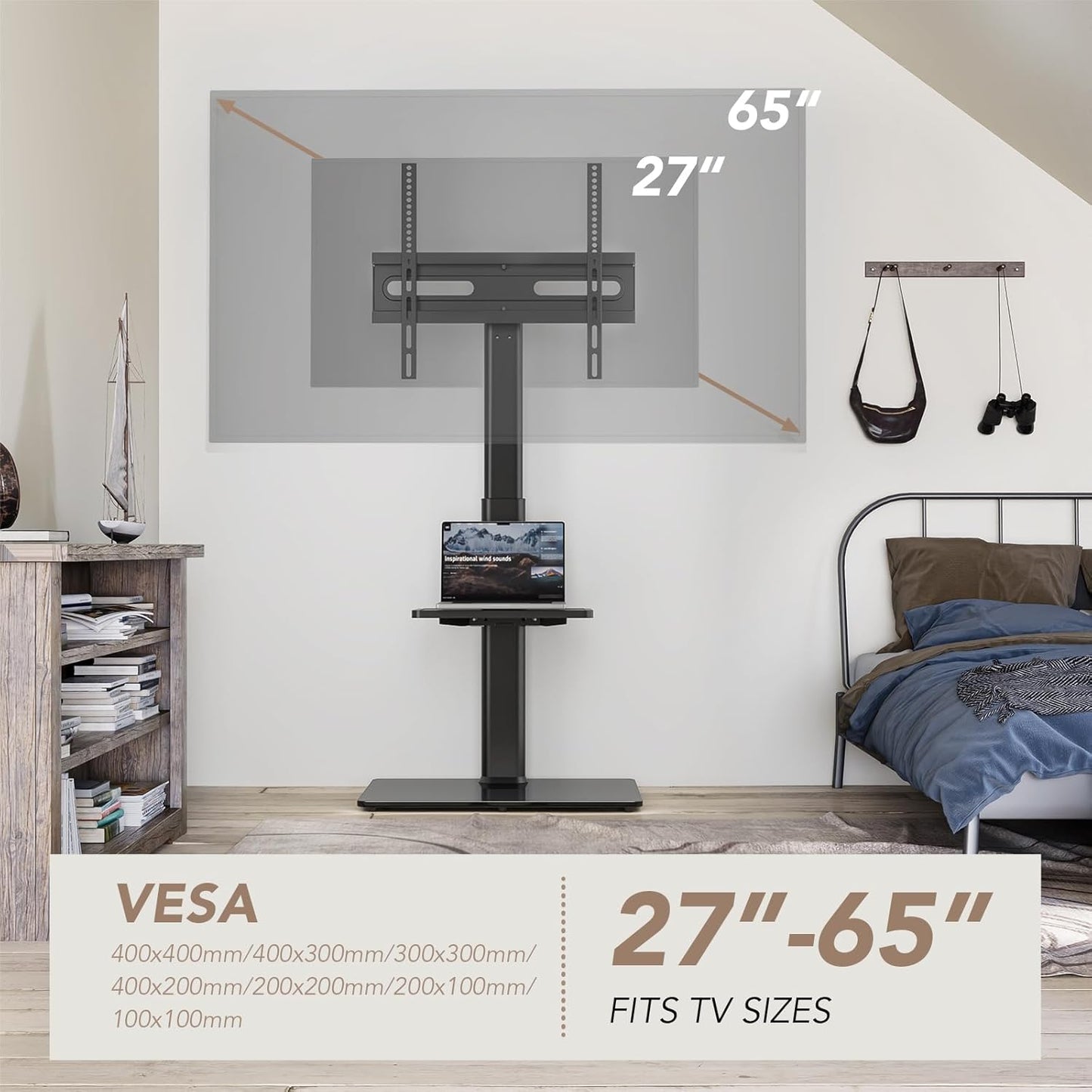 Universal Floor TV Stand with Mount 80 Degree Swivel Height Adjustable and Space Saving Design for Most 27 to 65 inch LCD, LED OLED TVs, Perfect for Corner & Bedroom AX1006TB