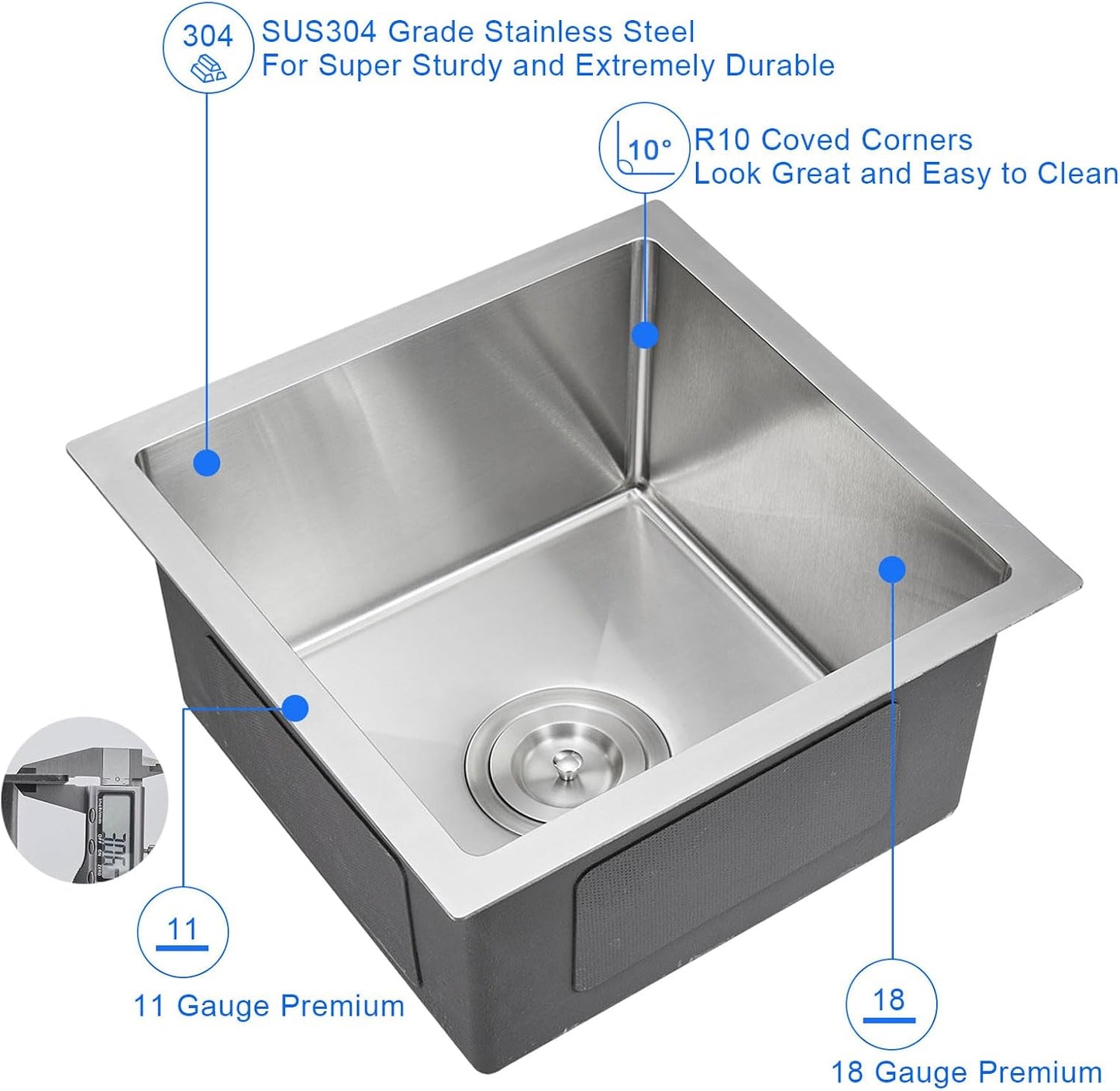 MENATT 20-inch Undermount Kitchen Sink, SUS304 Stainless Steel Handmade Single Bowl Kitchen Sink with Sink Strainer (Brushed), 20"x16"x9"